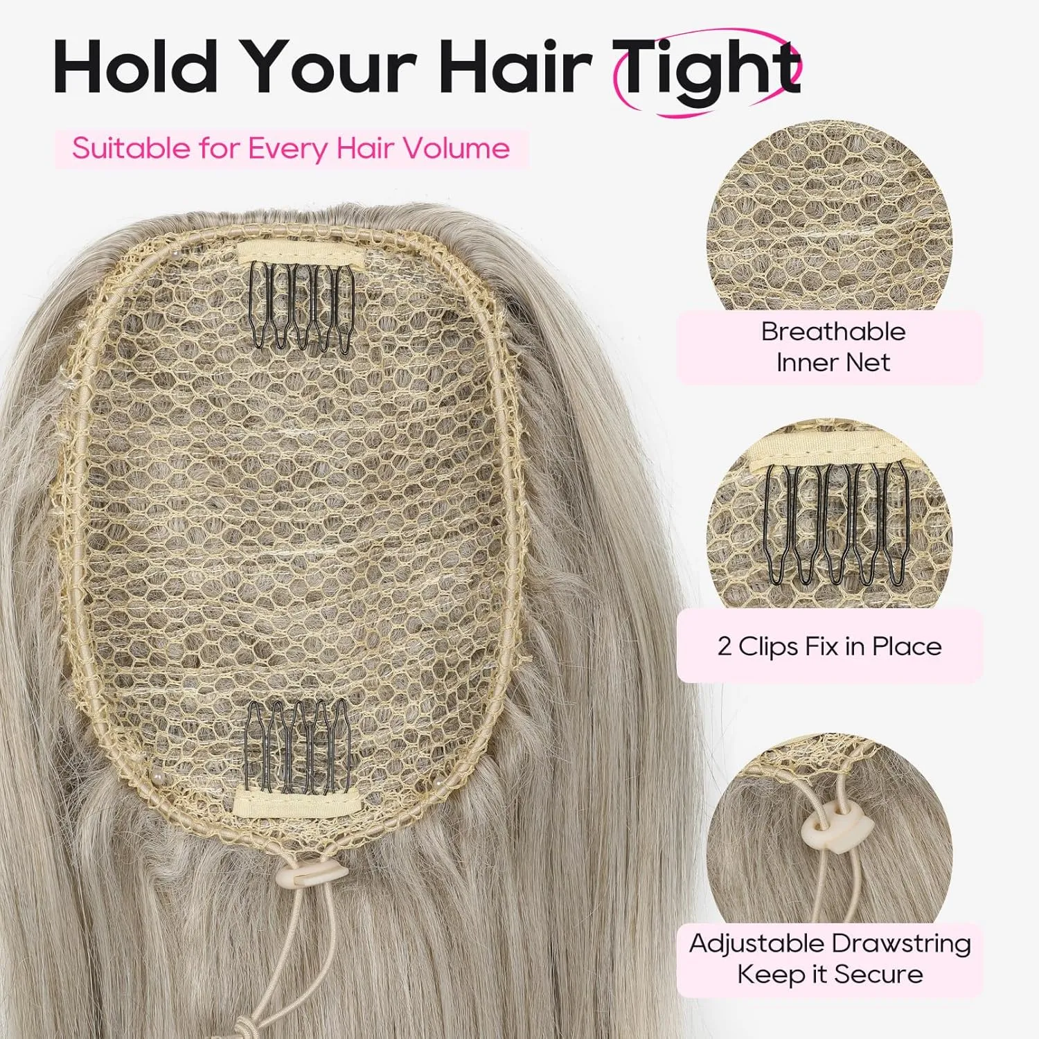 REECHO Ponytail Extension, Drawstring Ponytail Extension Long Wavy Pony Tails Hair Extensions 22inch Natural Fake Ponytail Clip in Synthetic Hairpiece for Women, Light Blonde with Blonde Highlights