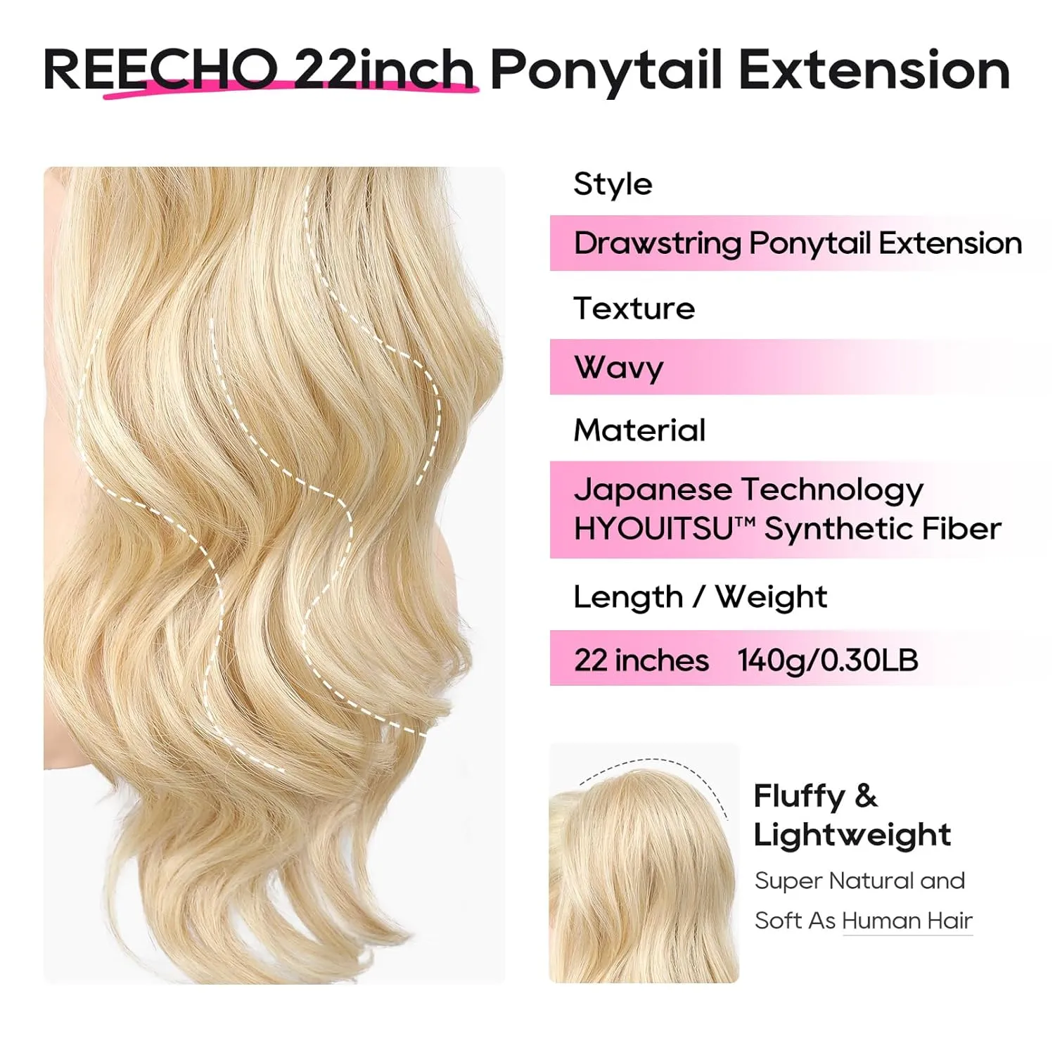 REECHO Ponytail Extension, Drawstring Ponytail Extension Long Wavy Pony Tails Hair Extensions 22inch Natural Fake Ponytail Clip in Synthetic Hairpiece for Women, Light Blonde with Blonde Highlights