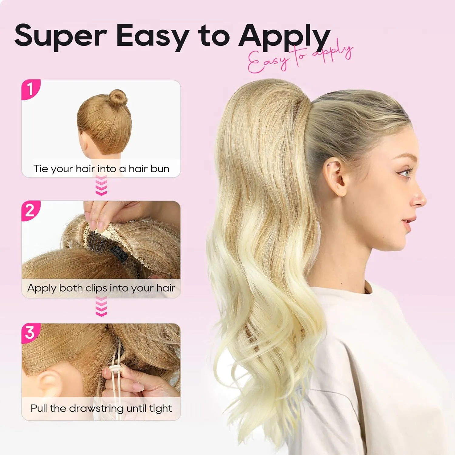 REECHO Ponytail Extension, Drawstring Ponytail Extension Long Wavy Pony Tails Hair Extensions 22inch Natural Fake Ponytail Clip in Synthetic Hairpiece for Women, Light Blonde with Blonde Highlights