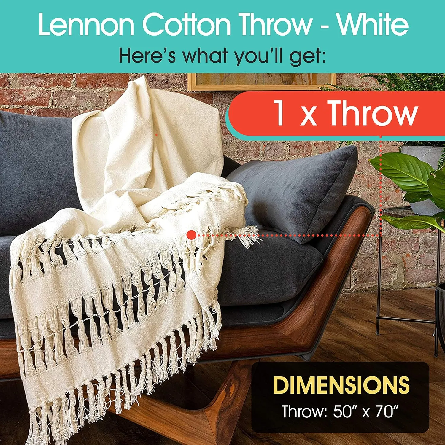 Refinery29 | Lennon Collection | Premium Cotton Textured Throw Blanket, Modern Fringe Design for Luxury Home Décor (50 x 70, White)