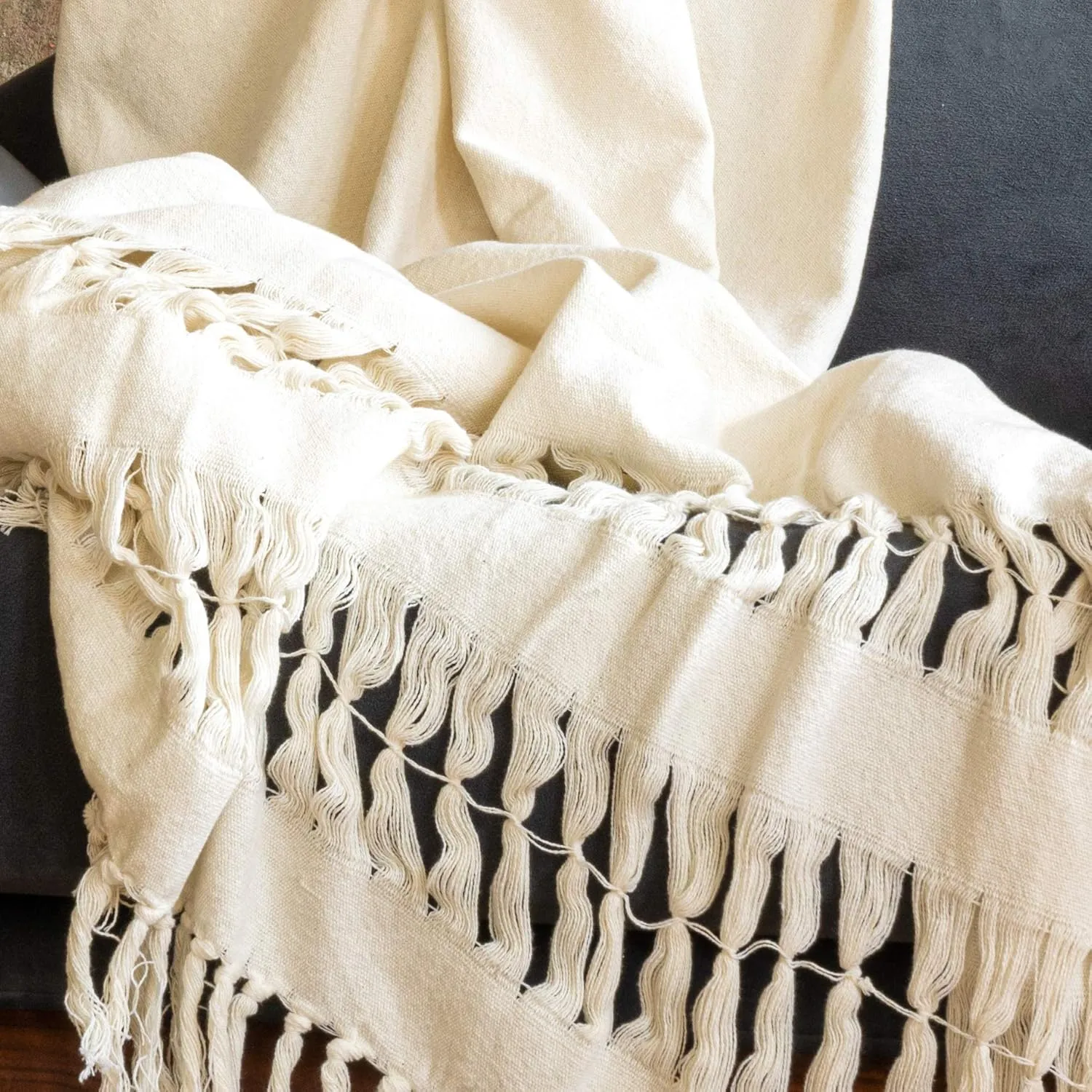 Refinery29 | Lennon Collection | Premium Cotton Textured Throw Blanket, Modern Fringe Design for Luxury Home Décor (50 x 70, White)