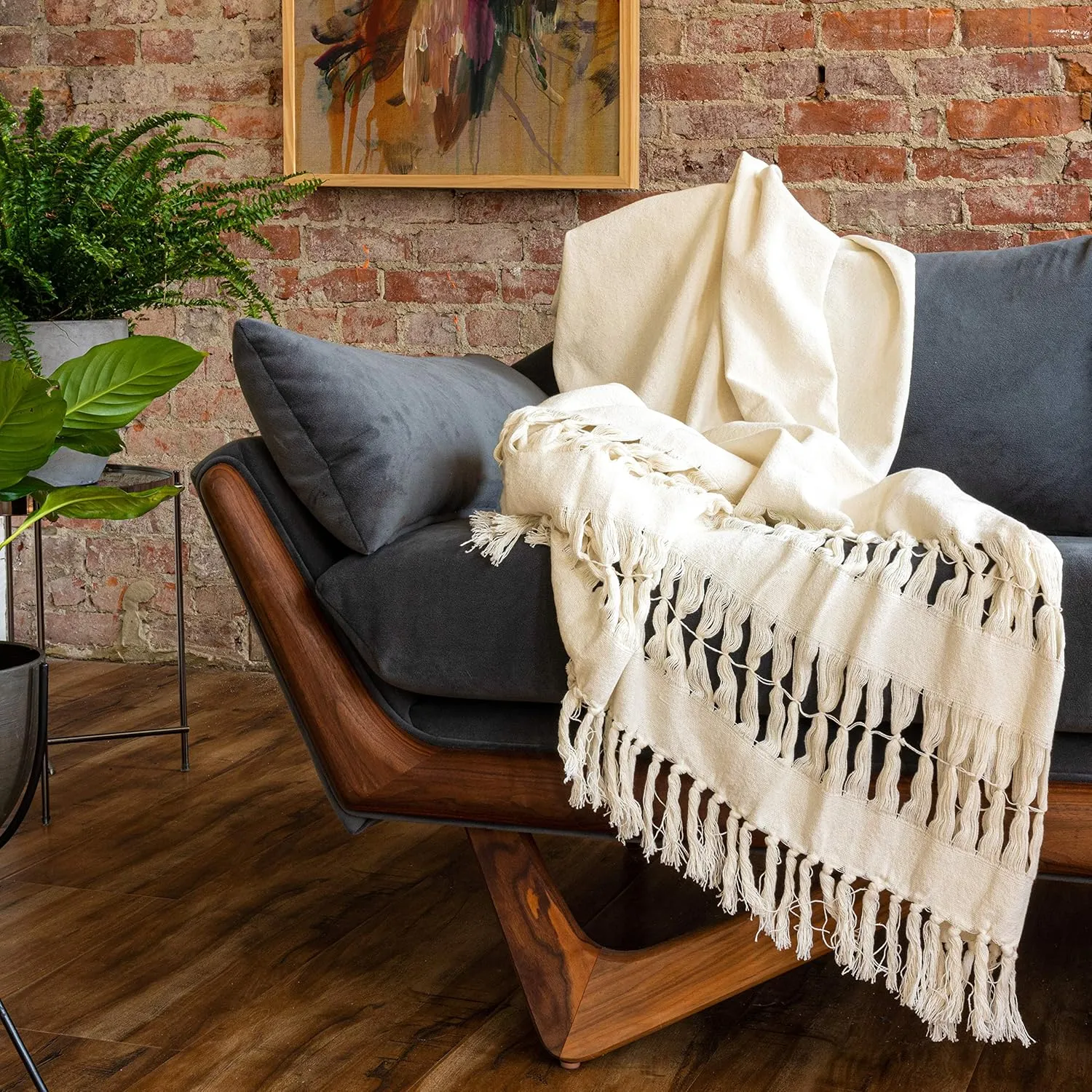 Refinery29 | Lennon Collection | Premium Cotton Textured Throw Blanket, Modern Fringe Design for Luxury Home Décor (50 x 70, White)