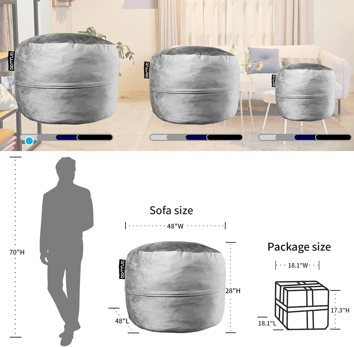[Removable Cover] Bean Bag Chairs for Adult, Giant 4' Memory Foam Bean Bag for Adults, Big Sofa Furnitures for Dorm Room and Living Room, Silver Grey Bean Bag Chairs