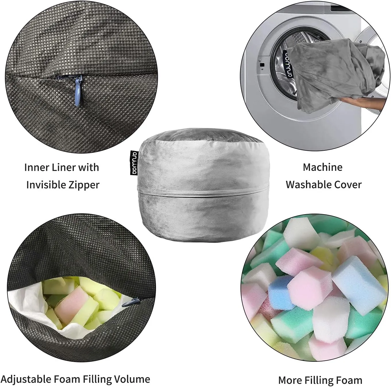 [Removable Cover] Bean Bag Chairs for Adult, Giant 4' Memory Foam Bean Bag for Adults, Big Sofa Furnitures for Dorm Room and Living Room, Silver Grey Bean Bag Chairs