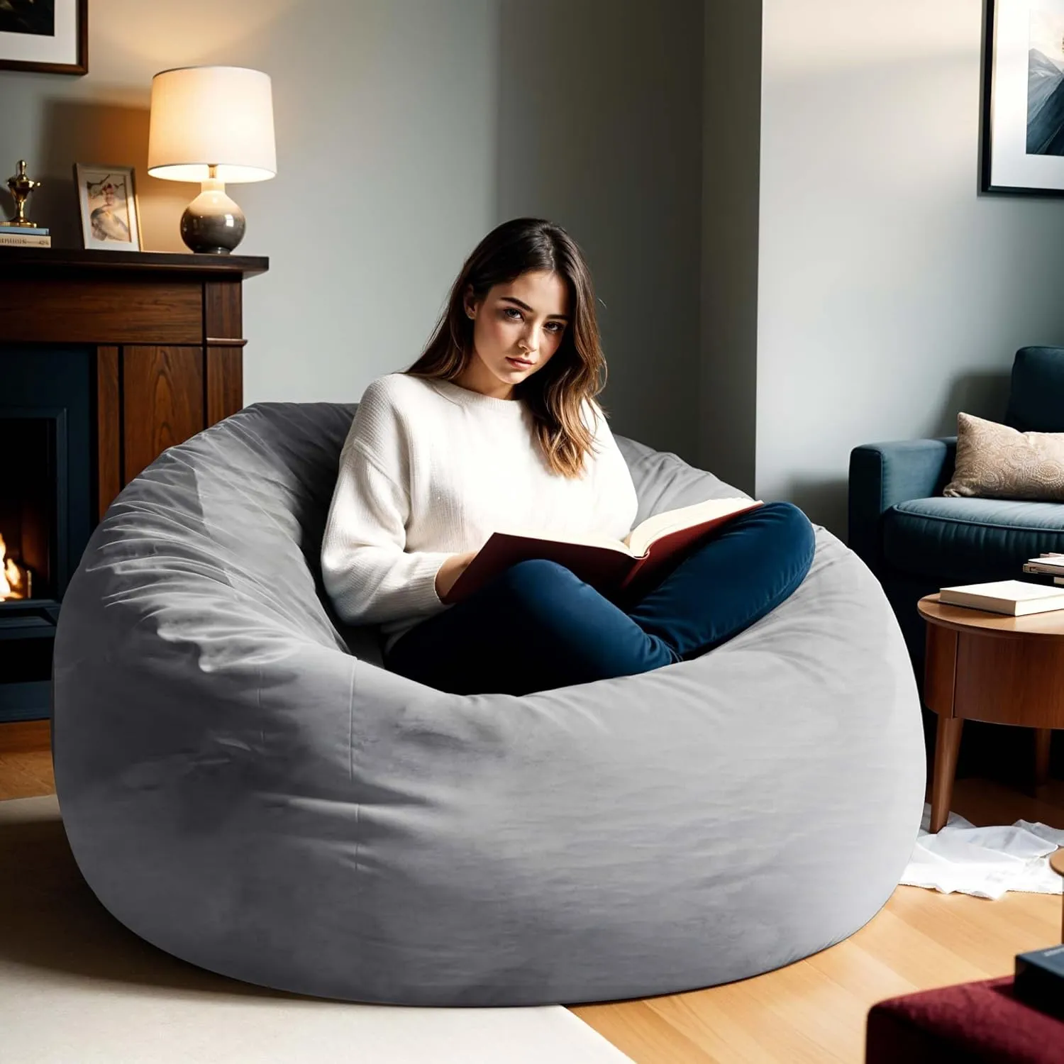 [Removable Cover] Bean Bag Chairs for Adult, Giant 4' Memory Foam Bean Bag for Adults, Big Sofa Furnitures for Dorm Room and Living Room, Silver Grey Bean Bag Chairs