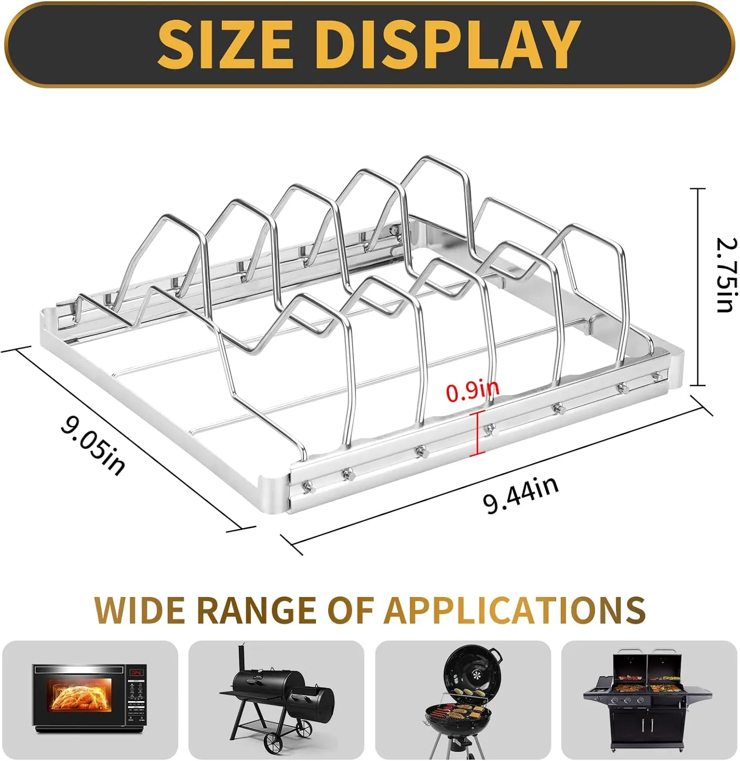 Rib Rack for Smoking, Stainless Steel 4 Slots Rib Racks for Grilling, Foldable Roasting Rack Easy to Use and Clean, Premium Durable Rib Rack Smoker Accessories (1-Pcs)