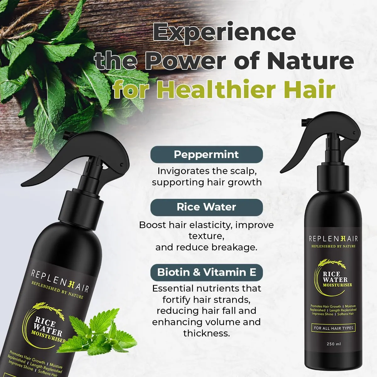 Rice Water Organic Hair Growth Spray - Leave In Conditioner Infused with Peppermint Oil & Essential Oil for Hair Growth, Reduces Hair Fall, Dandruff & Promotes Thicker Hair - 250ml