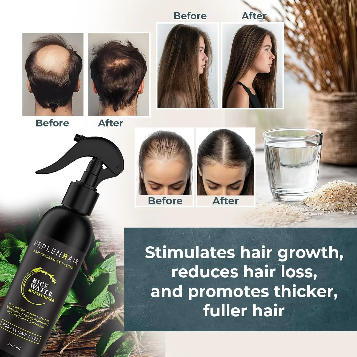 Rice Water Organic Hair Growth Spray - Leave In Conditioner Infused with Peppermint Oil & Essential Oil for Hair Growth, Reduces Hair Fall, Dandruff & Promotes Thicker Hair - 250ml