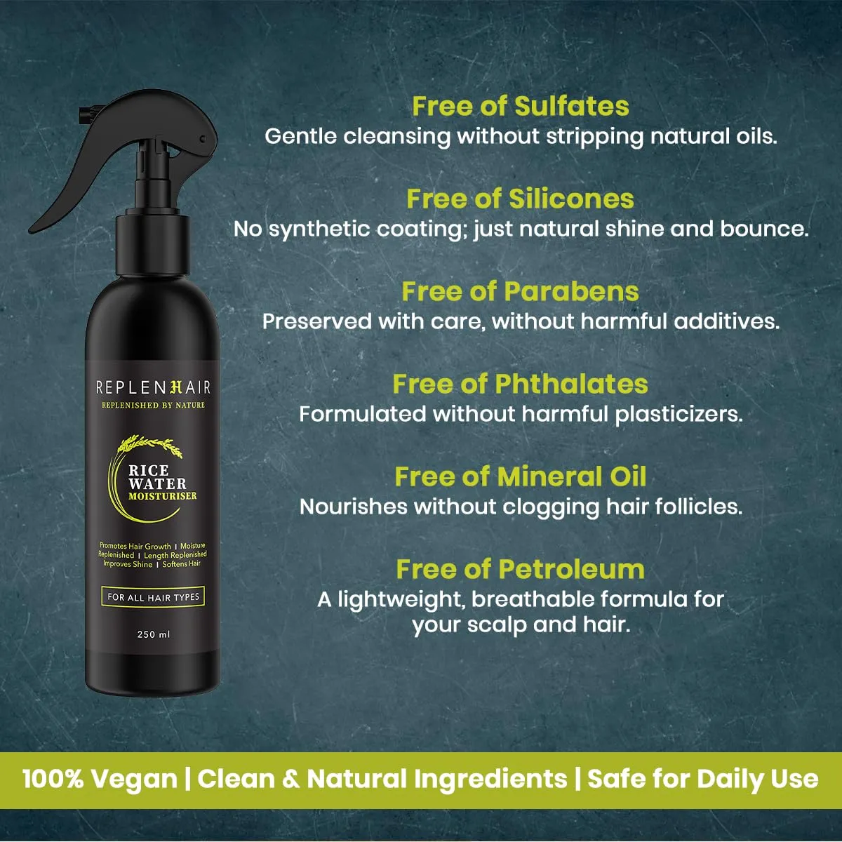 Rice Water Organic Hair Growth Spray - Leave In Conditioner Infused with Peppermint Oil & Essential Oil for Hair Growth, Reduces Hair Fall, Dandruff & Promotes Thicker Hair - 250ml