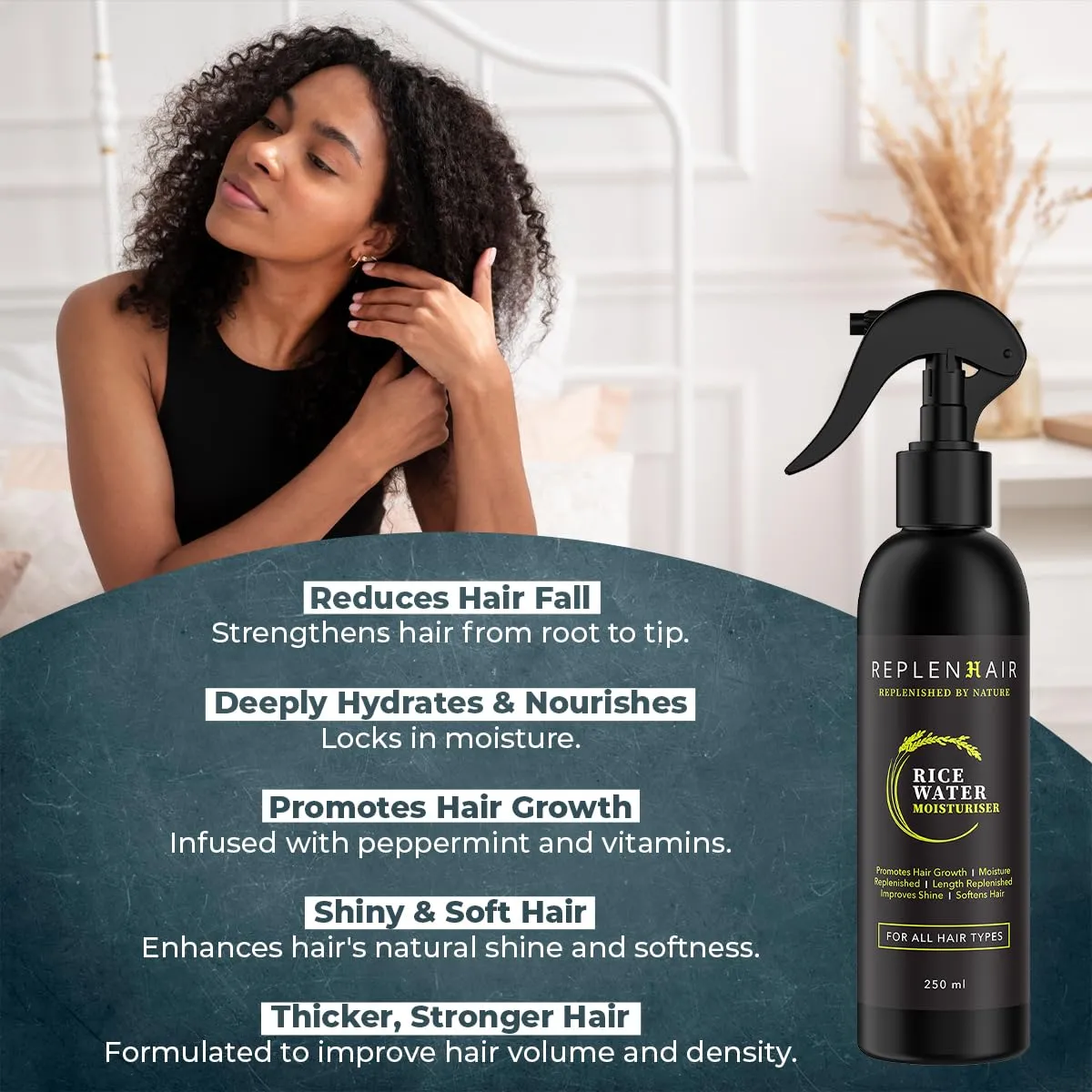 Rice Water Organic Hair Growth Spray - Leave In Conditioner Infused with Peppermint Oil & Essential Oil for Hair Growth, Reduces Hair Fall, Dandruff & Promotes Thicker Hair - 250ml