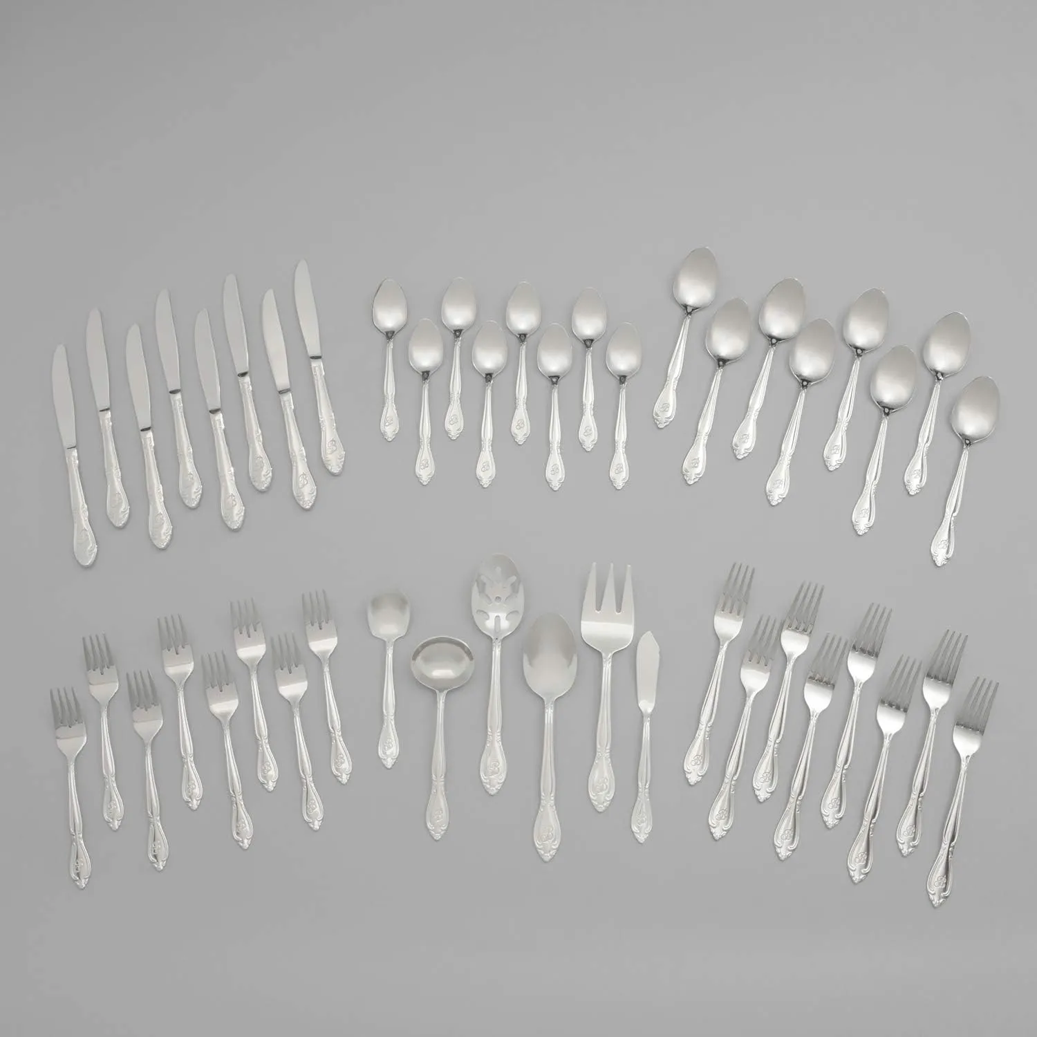RiverRidge 5417-843-O Rose 46 Piece Monogrammed Flatware Set, Letter O, No size, Silver