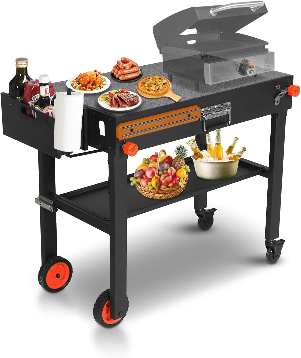 Rolling Grill Cart with Spice Rack, Blackstone Stand for 17"& 22" Griddle, Grill Stand with Storage Shelf, Griddle Table for Ninja, Weber, Portable Grill Table for Patio, Backyard, Camping