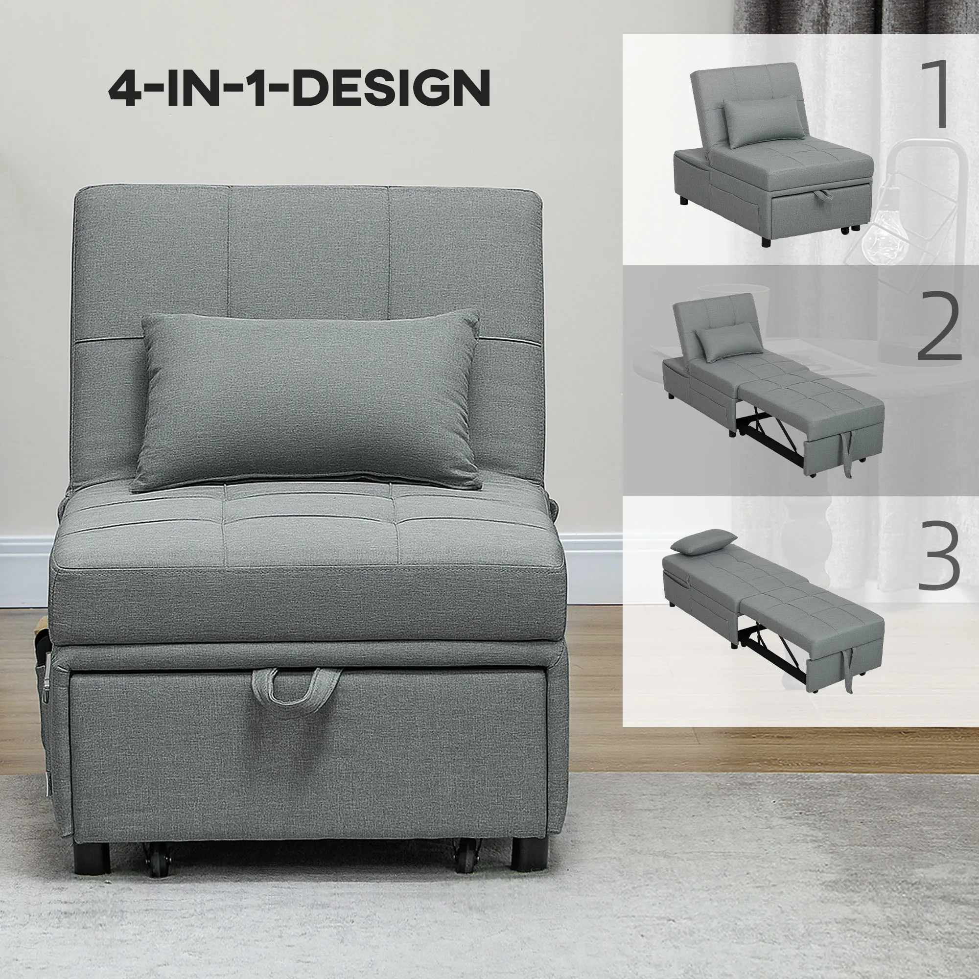 Rootz 3-in-1 Folding Chair - Guest Bed - Recliner Chair - Adjustable Backrest - Foam Padding - 65.5L x 104W x 81H cm