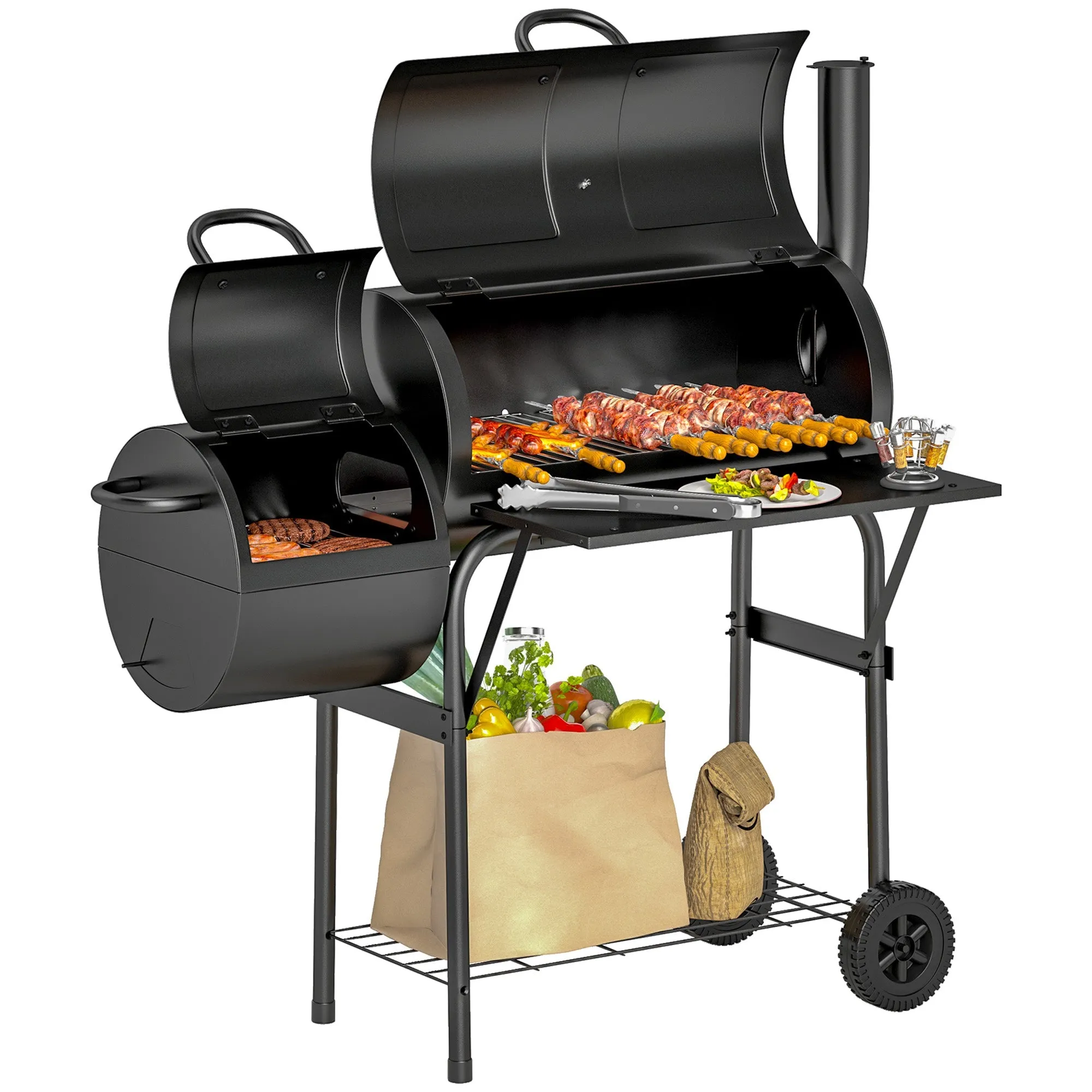 Rootz Charcoal Grill BBQ Smoker - Outdoor Cooker - Steel Grill - Portable with Thermometer - 109cm x 60cm x 120cm