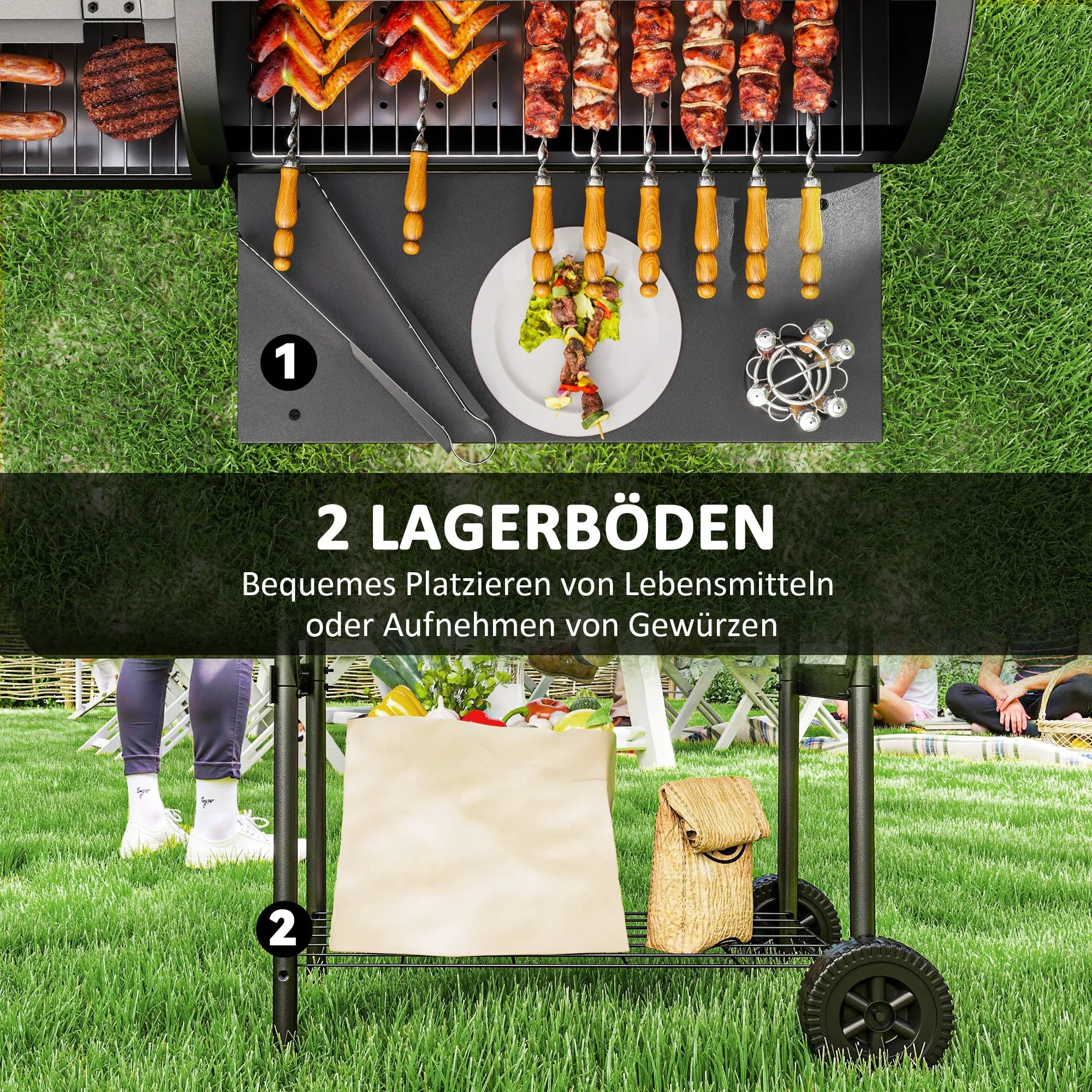 Rootz Charcoal Grill BBQ Smoker - Outdoor Cooker - Steel Grill - Portable with Thermometer - 109cm x 60cm x 120cm