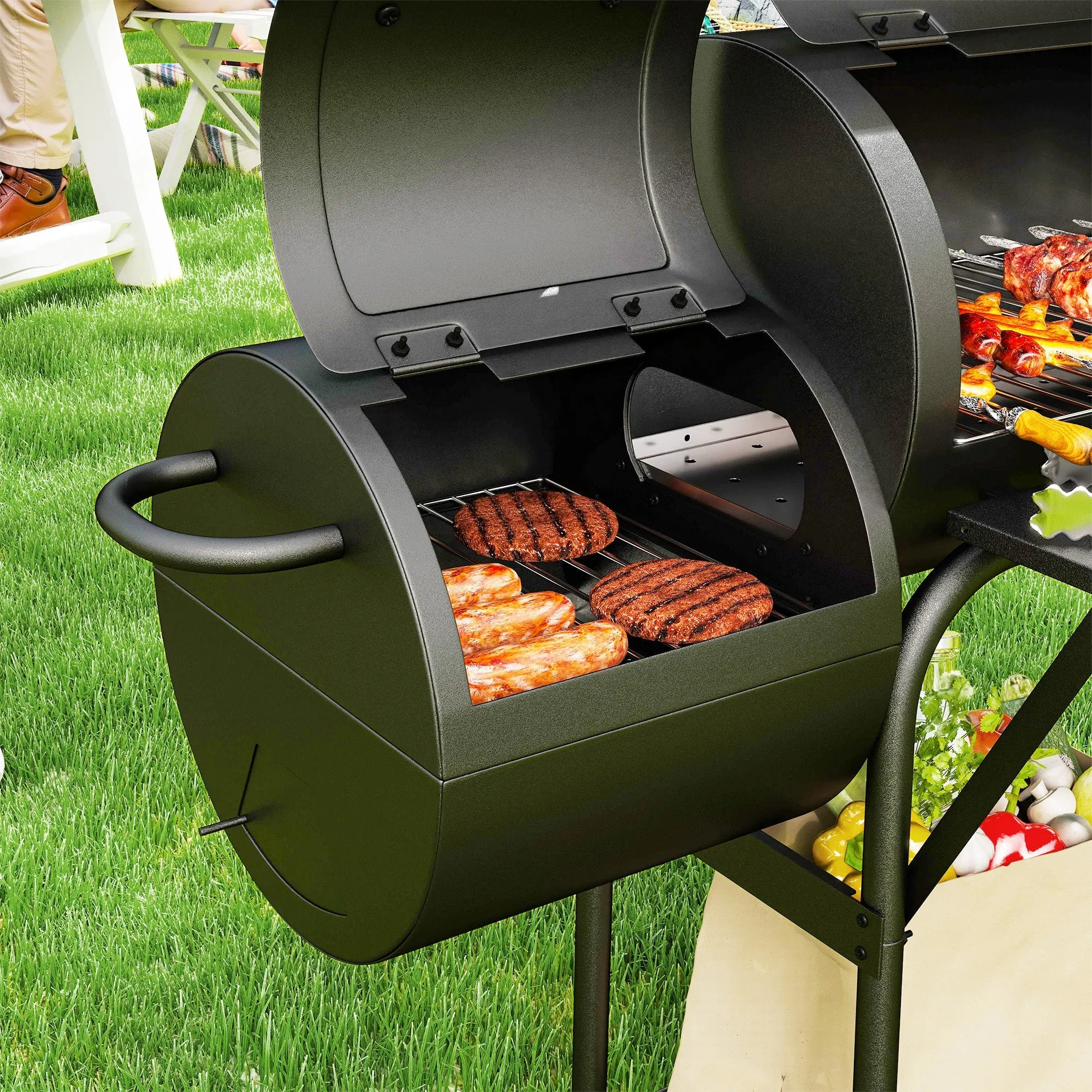 Rootz Charcoal Grill BBQ Smoker - Outdoor Cooker - Steel Grill - Portable with Thermometer - 109cm x 60cm x 120cm