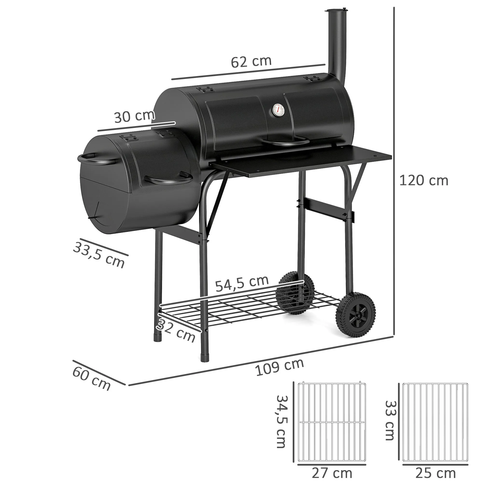 Rootz Charcoal Grill BBQ Smoker - Outdoor Cooker - Steel Grill - Portable with Thermometer - 109cm x 60cm x 120cm
