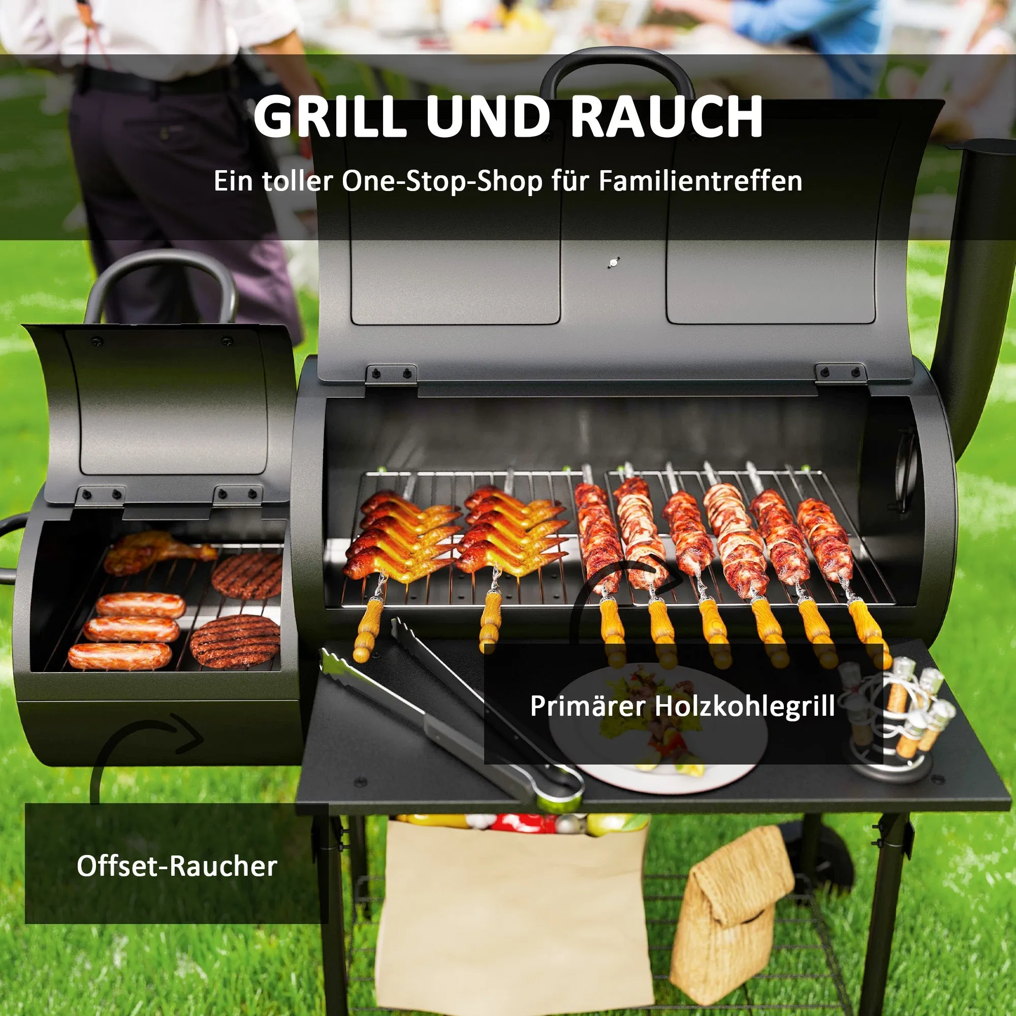 Rootz Charcoal Grill BBQ Smoker - Outdoor Cooker - Steel Grill - Portable with Thermometer - 109cm x 60cm x 120cm