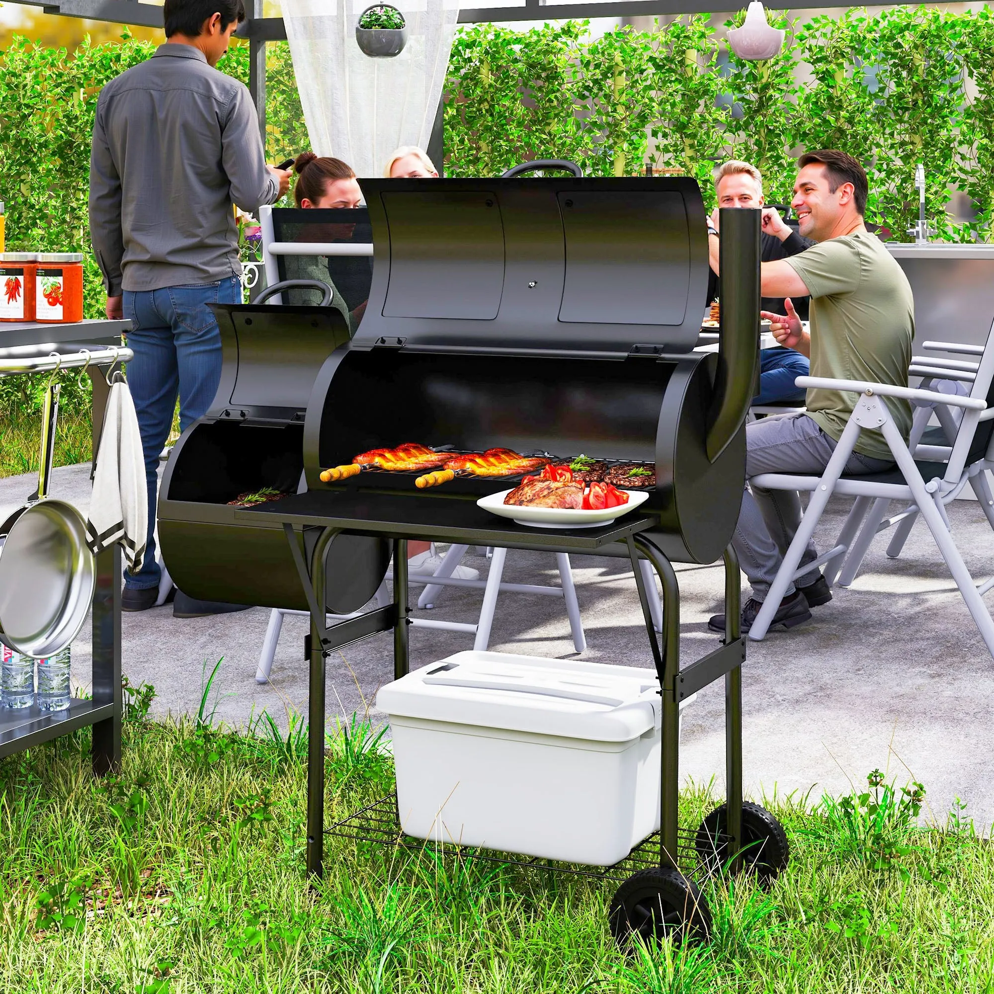 Rootz Charcoal Grill BBQ Smoker - Outdoor Cooker - Steel Grill - Portable with Thermometer - 109cm x 60cm x 120cm