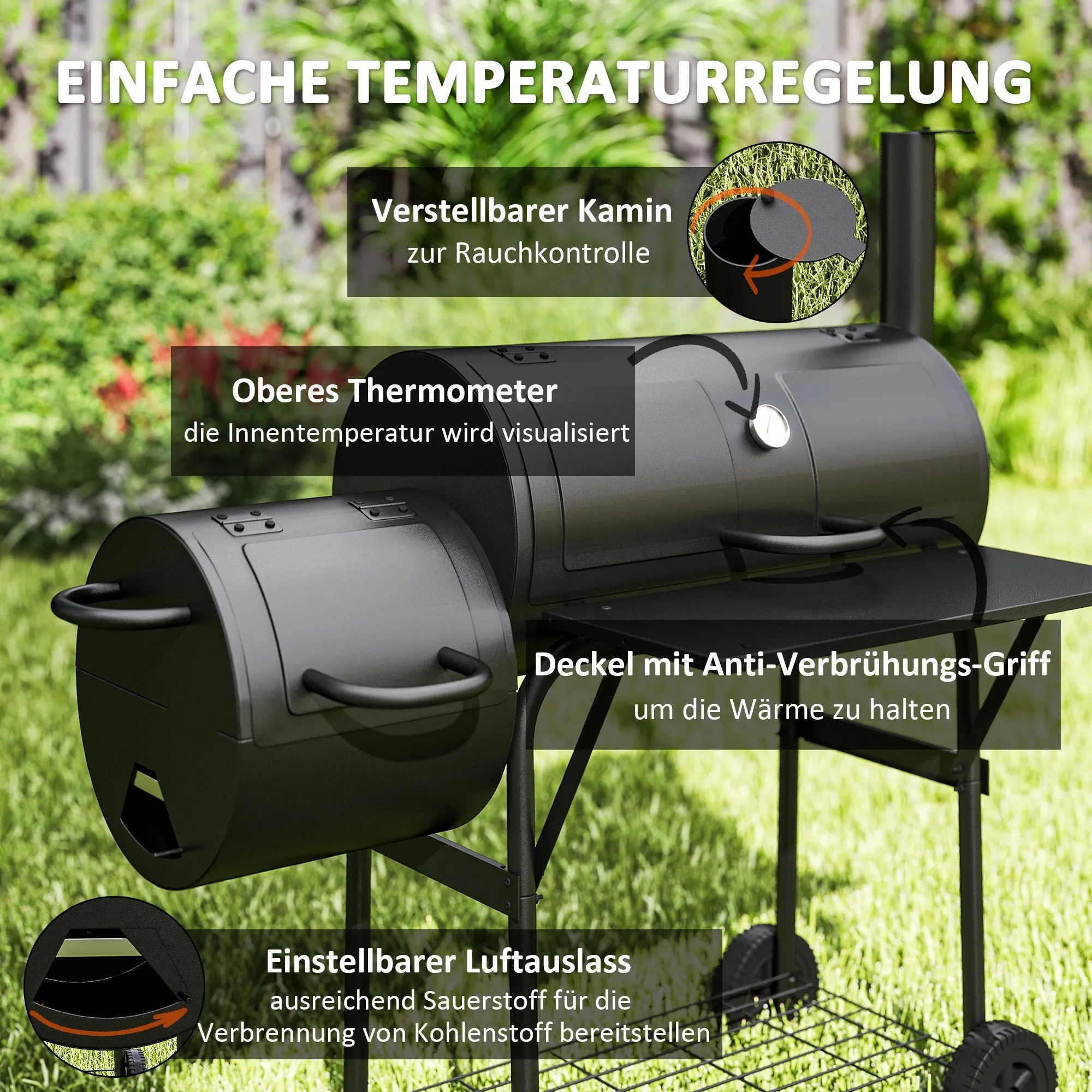 Rootz Charcoal Grill BBQ Smoker - Outdoor Cooker - Steel Grill - Portable with Thermometer - 109cm x 60cm x 120cm