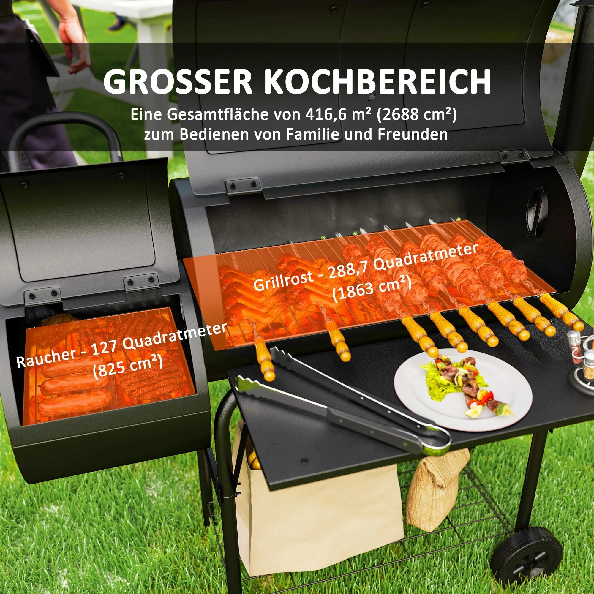 Rootz Charcoal Grill BBQ Smoker - Outdoor Cooker - Steel Grill - Portable with Thermometer - 109cm x 60cm x 120cm