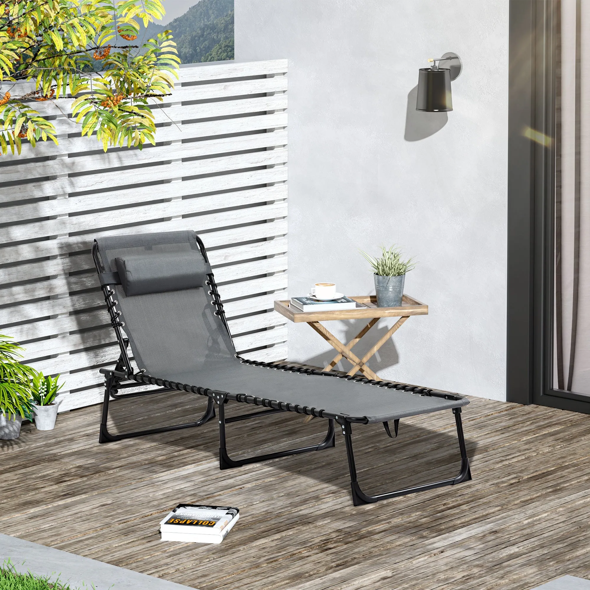 Rootz Deck Chair - Folding Lounger - Outdoor Recliner - With Neck Pillow - 185cm x 58cm x 30cm - Supports 120kg - Steel Frame, Mesh Cover, Grey