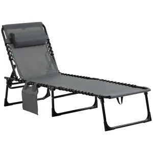 Rootz Deck Chair - Folding Lounger - Outdoor Recliner - With Neck Pillow - 185cm x 58cm x 30cm - Supports 120kg - Steel Frame, Mesh Cover, Grey