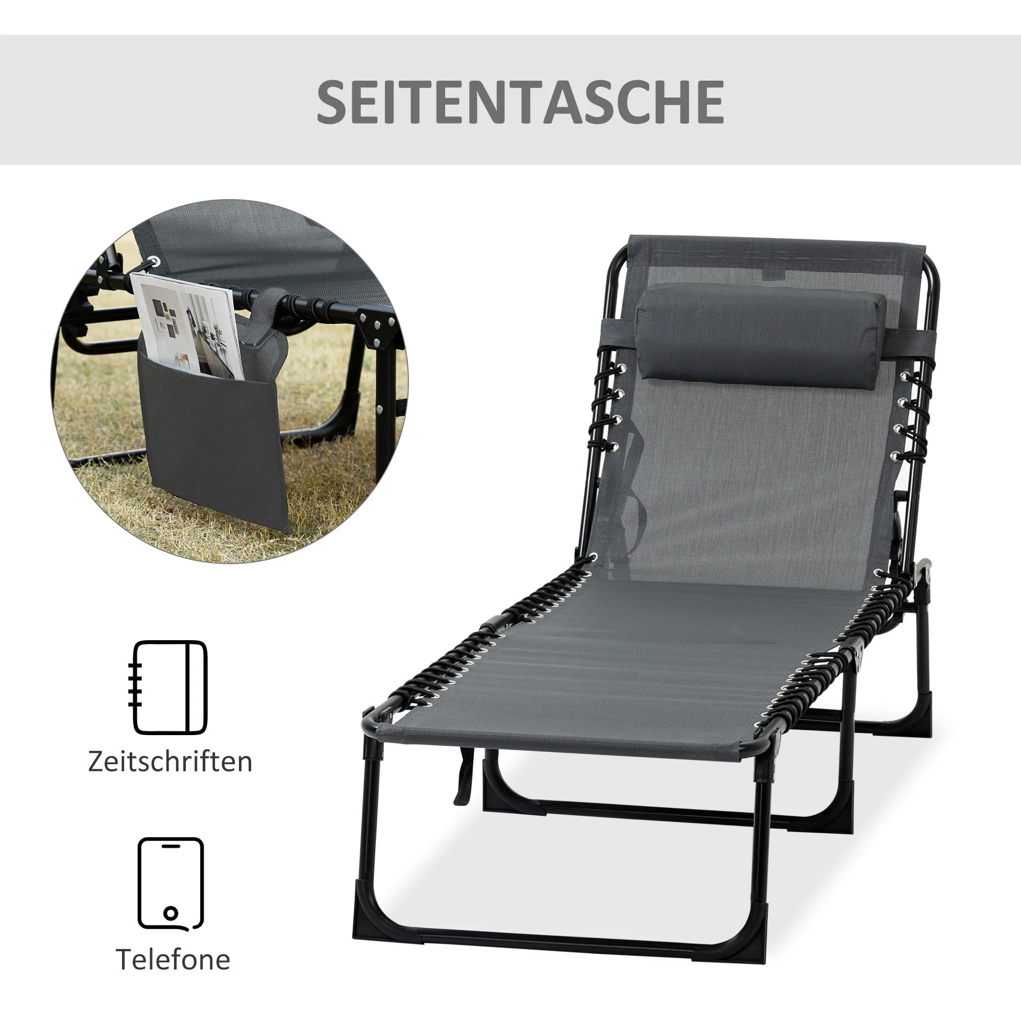 Rootz Deck Chair - Folding Lounger - Outdoor Recliner - With Neck Pillow - 185cm x 58cm x 30cm - Supports 120kg - Steel Frame, Mesh Cover, Grey