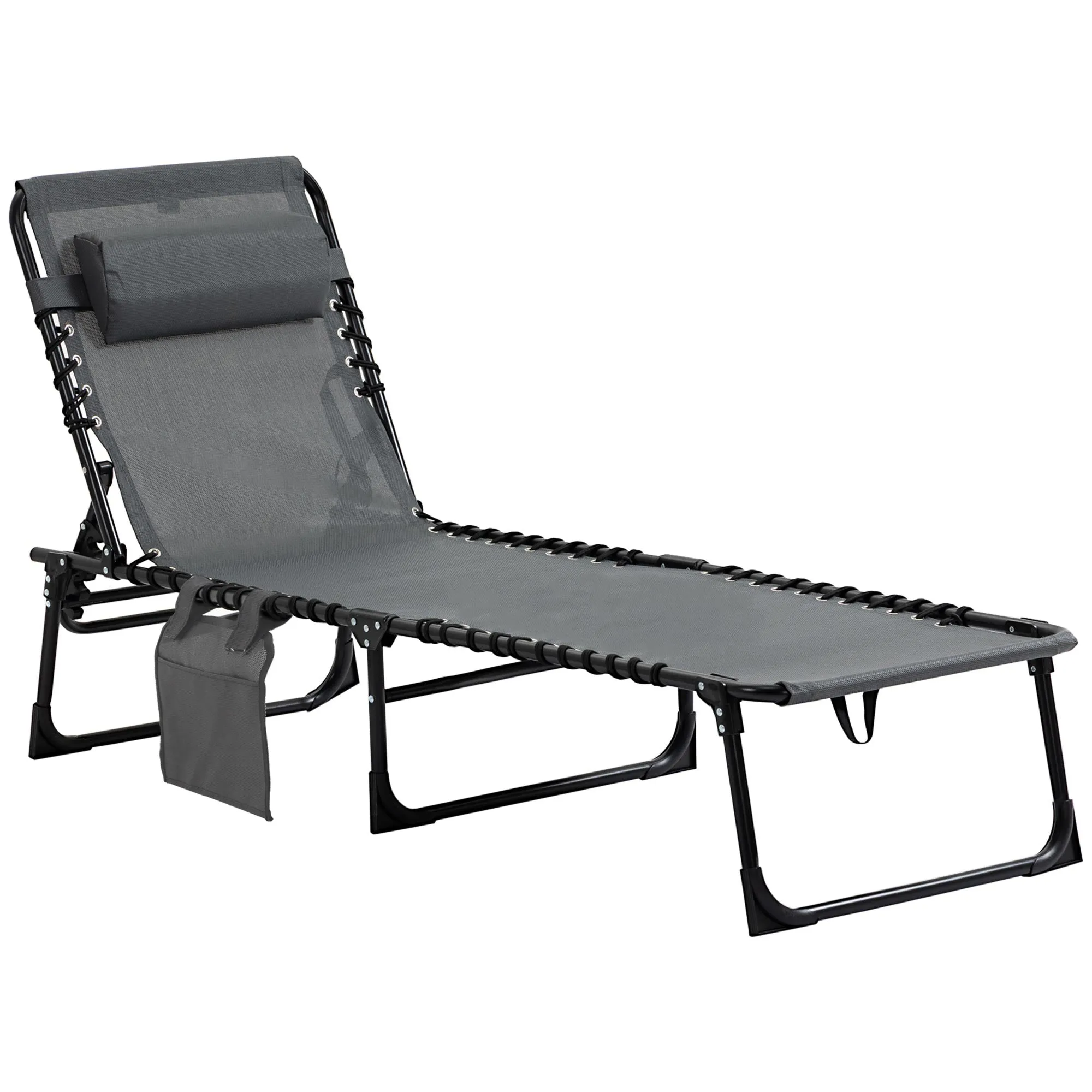 Rootz Deck Chair - Folding Lounger - Outdoor Recliner - With Neck Pillow - 185cm x 58cm x 30cm - Supports 120kg - Steel Frame, Mesh Cover, Grey