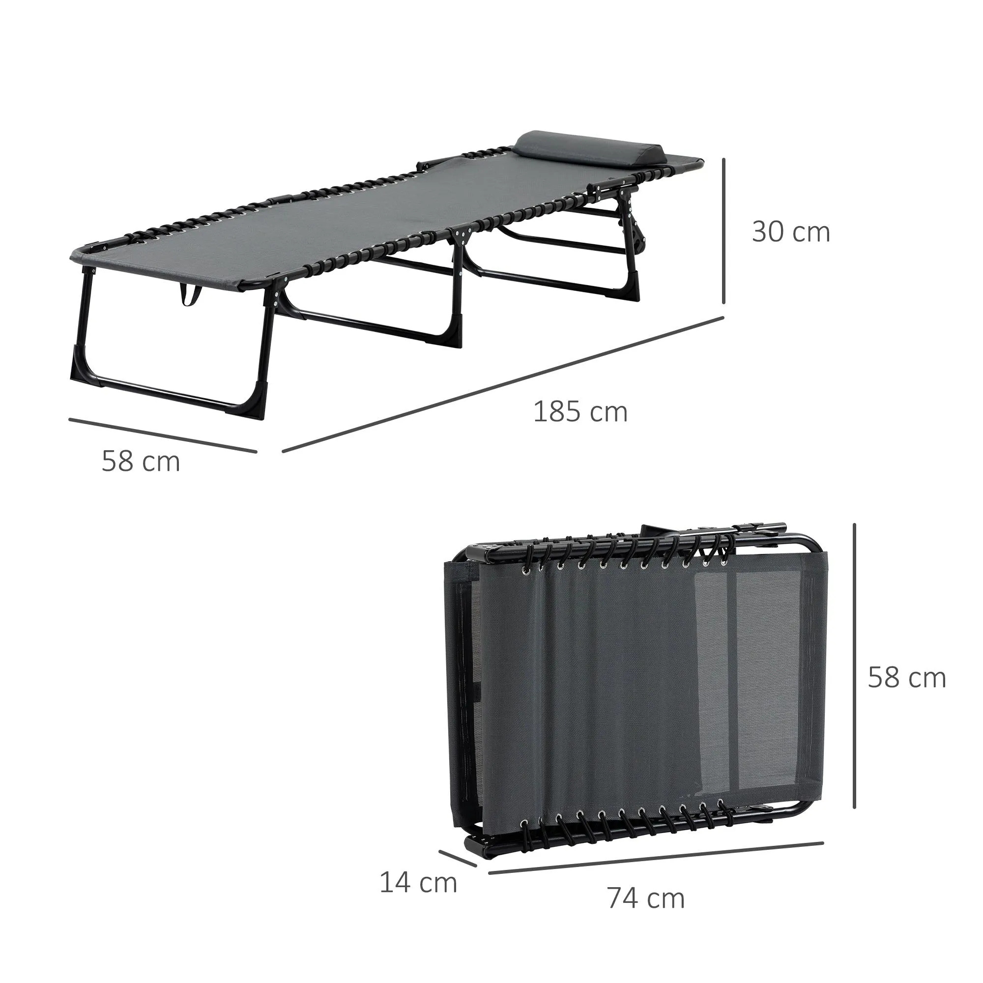 Rootz Deck Chair - Folding Lounger - Outdoor Recliner - With Neck Pillow - 185cm x 58cm x 30cm - Supports 120kg - Steel Frame, Mesh Cover, Grey