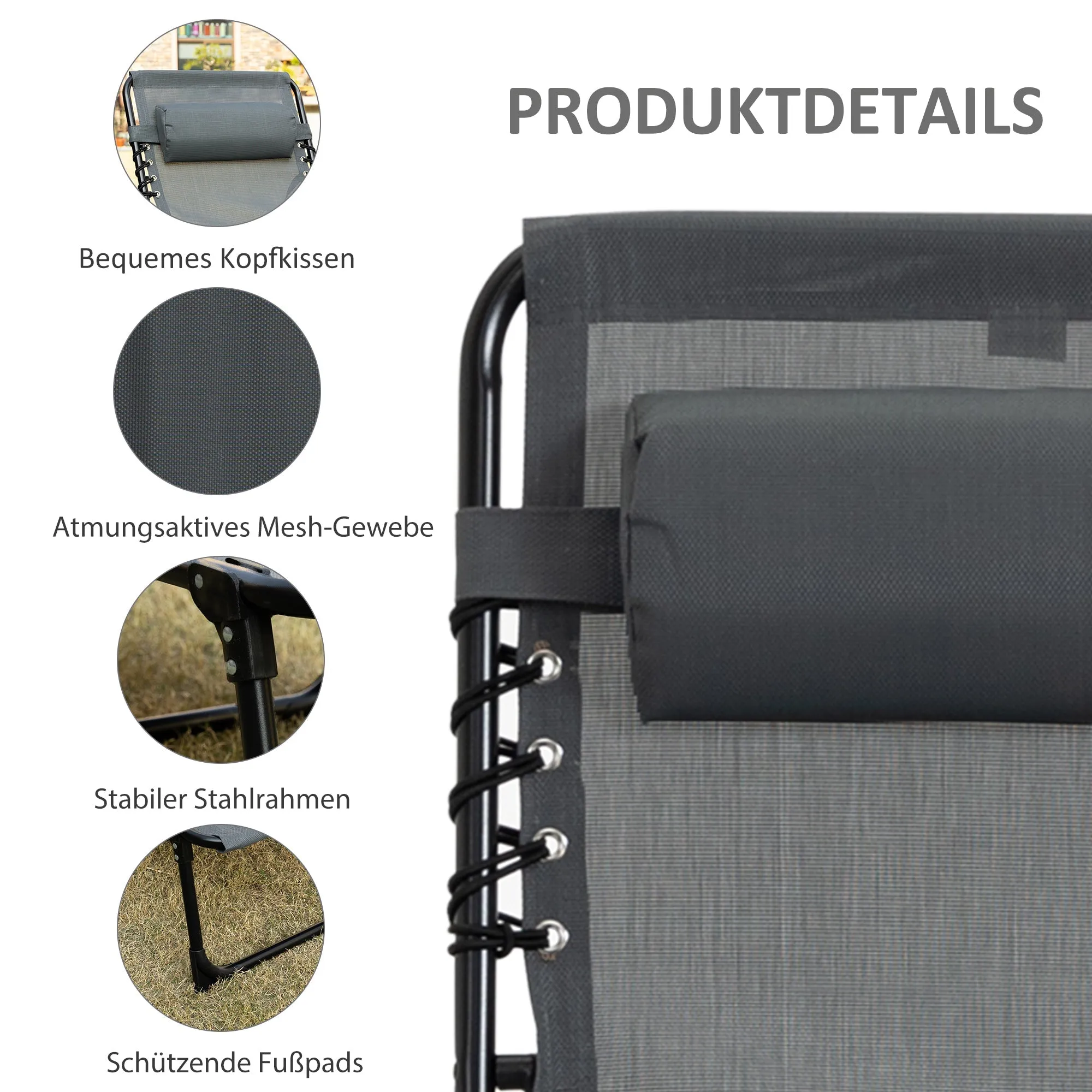 Rootz Deck Chair - Folding Lounger - Outdoor Recliner - With Neck Pillow - 185cm x 58cm x 30cm - Supports 120kg - Steel Frame, Mesh Cover, Grey
