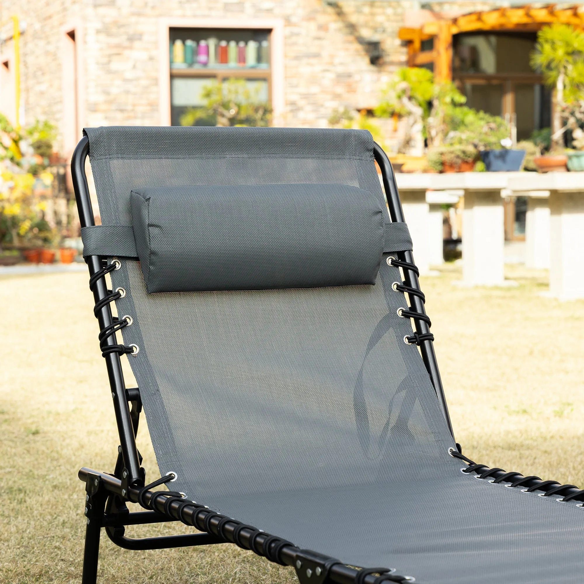 Rootz Deck Chair - Folding Lounger - Outdoor Recliner - With Neck Pillow - 185cm x 58cm x 30cm - Supports 120kg - Steel Frame, Mesh Cover, Grey
