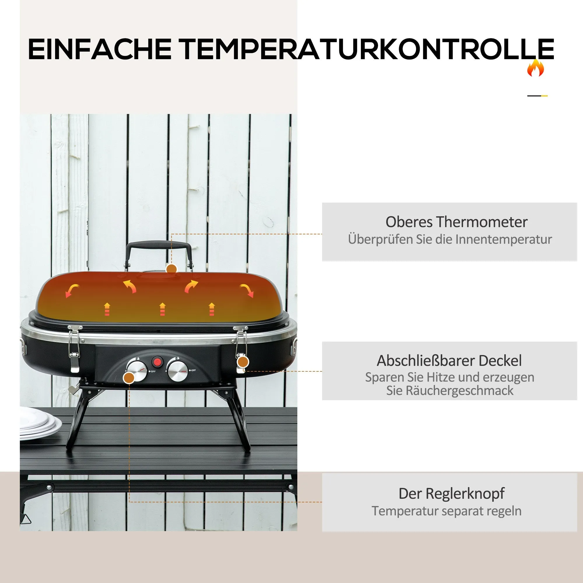 Rootz Portable Gas Grill - Foldable BBQ - Garden Grill - Compact & Easy Cleaning - 66cm x 34.5cm x 37cm