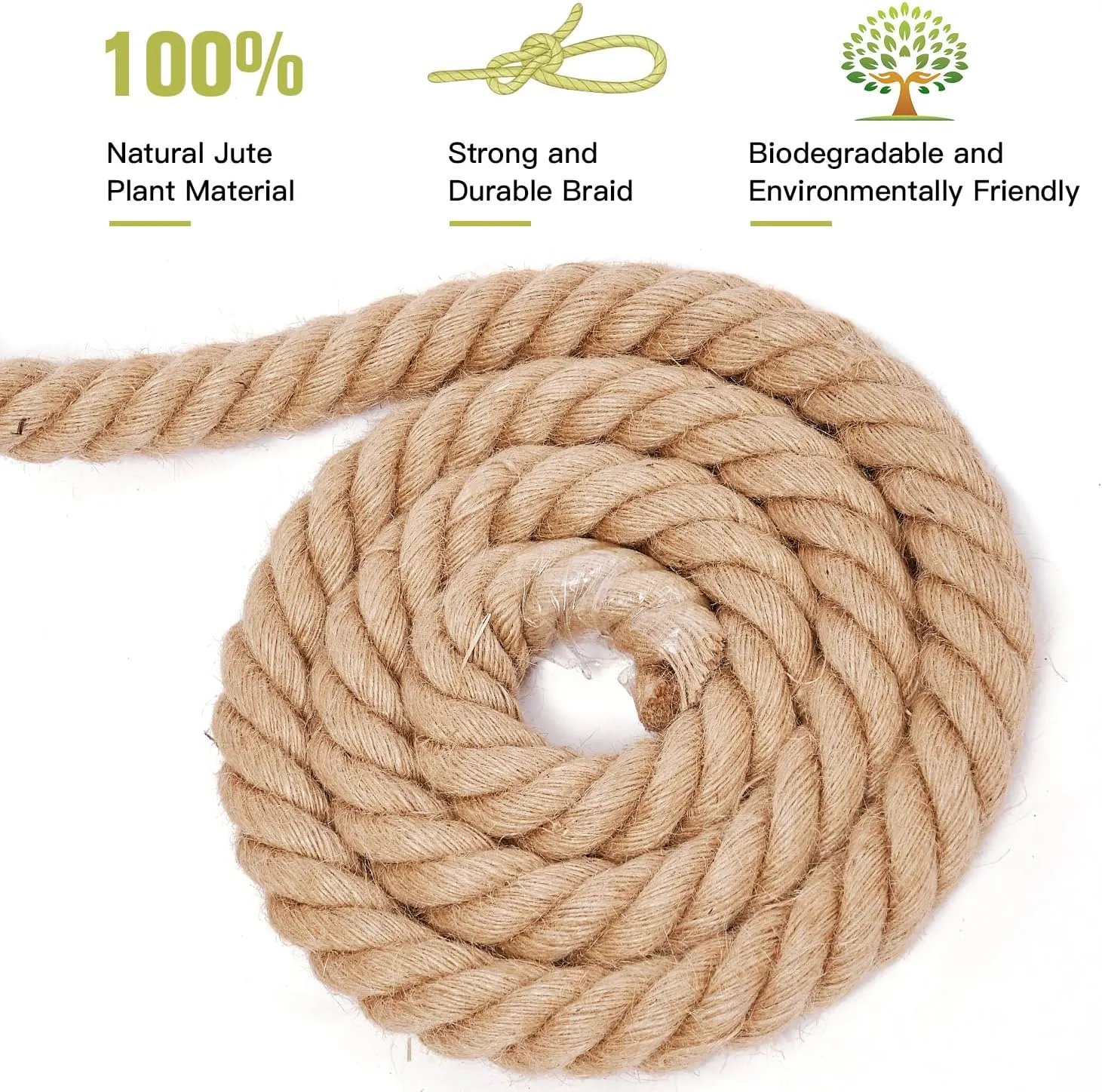 Rope 1 1/2 Inch 100 Feet Jute Rope, Heavy Duty Jute Rope,Natural Hemp Rope, Twisted Hemp Rope for Crafts, Gardening, Bundling,Hammock, Nautical, Tug of War, Railings, Home Decorating