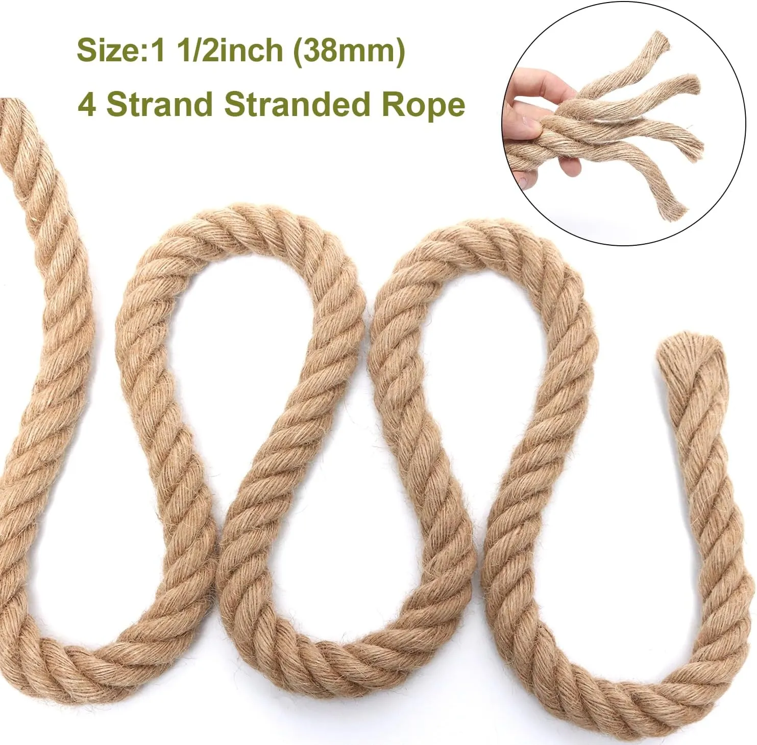 Rope 1 1/2 Inch 100 Feet Jute Rope, Heavy Duty Jute Rope,Natural Hemp Rope, Twisted Hemp Rope for Crafts, Gardening, Bundling,Hammock, Nautical, Tug of War, Railings, Home Decorating