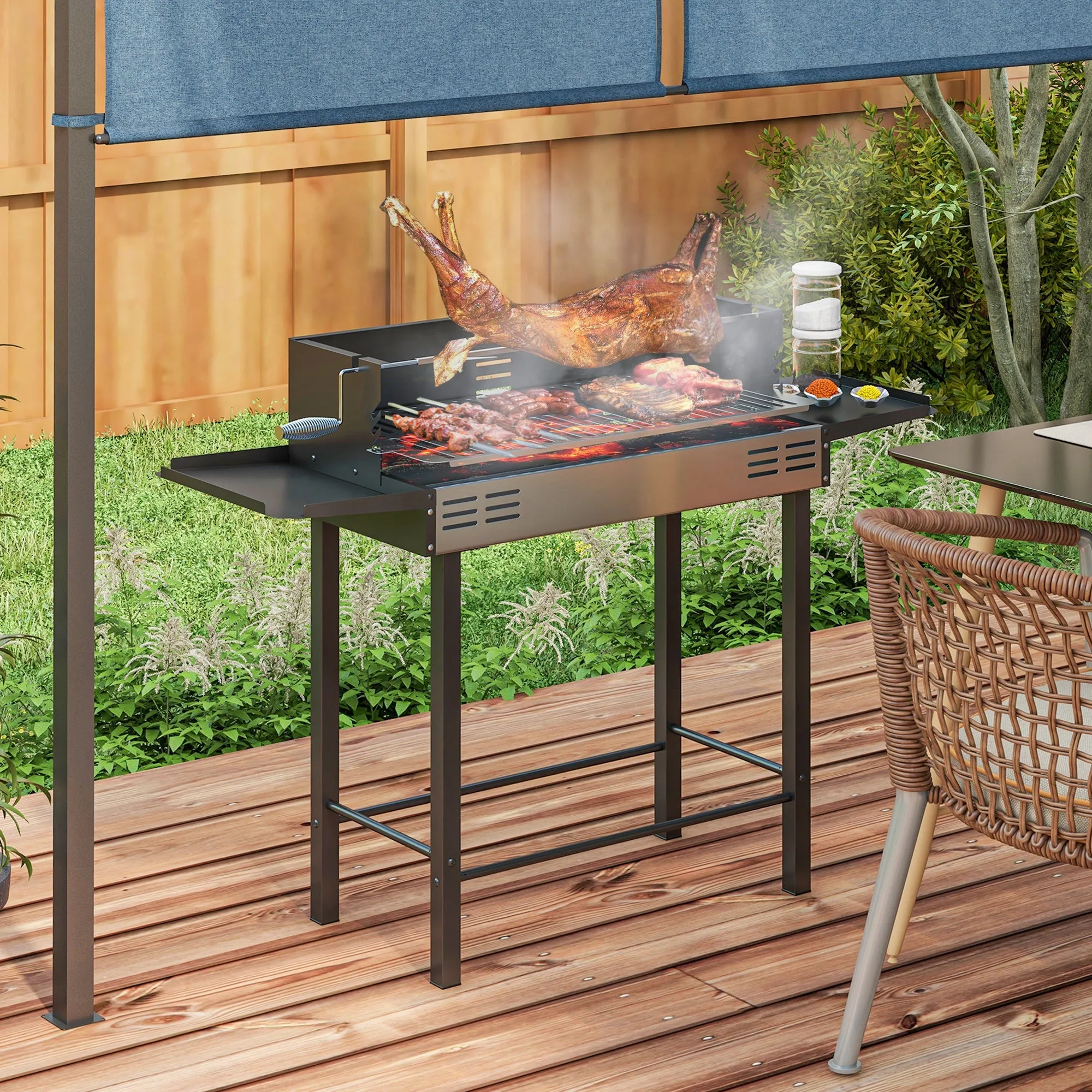 Rotisserie Grill Roaster, Charcoal BBQ Split Roaster for Chicken or Turkey with 3-Level Grill Grate, Foldable Storage Shelves, and Wind Deflector, Stainless Steel, Black