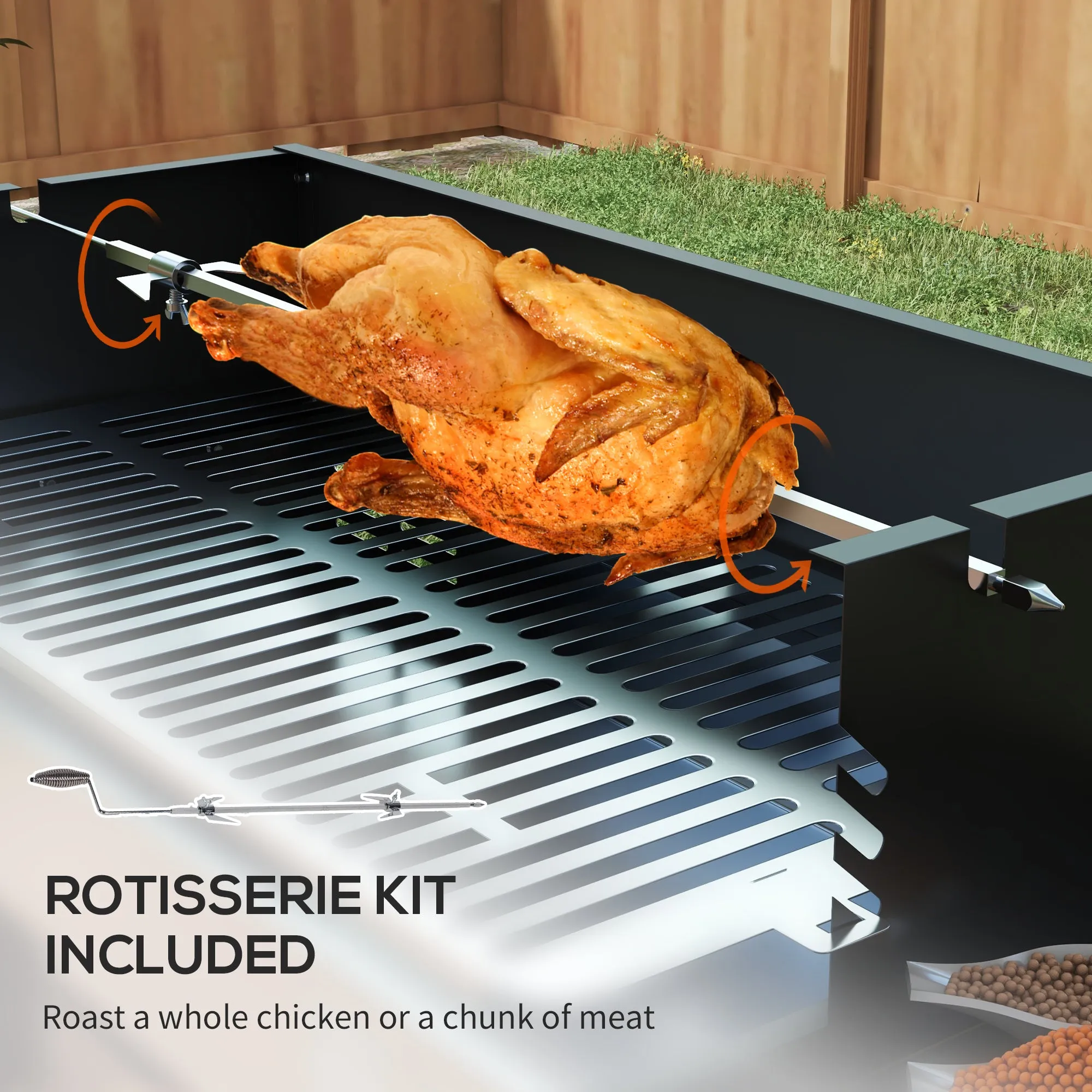 Rotisserie Grill Roaster, Charcoal BBQ Split Roaster for Chicken or Turkey with 3-Level Grill Grate, Foldable Storage Shelves, and Wind Deflector, Stainless Steel, Black