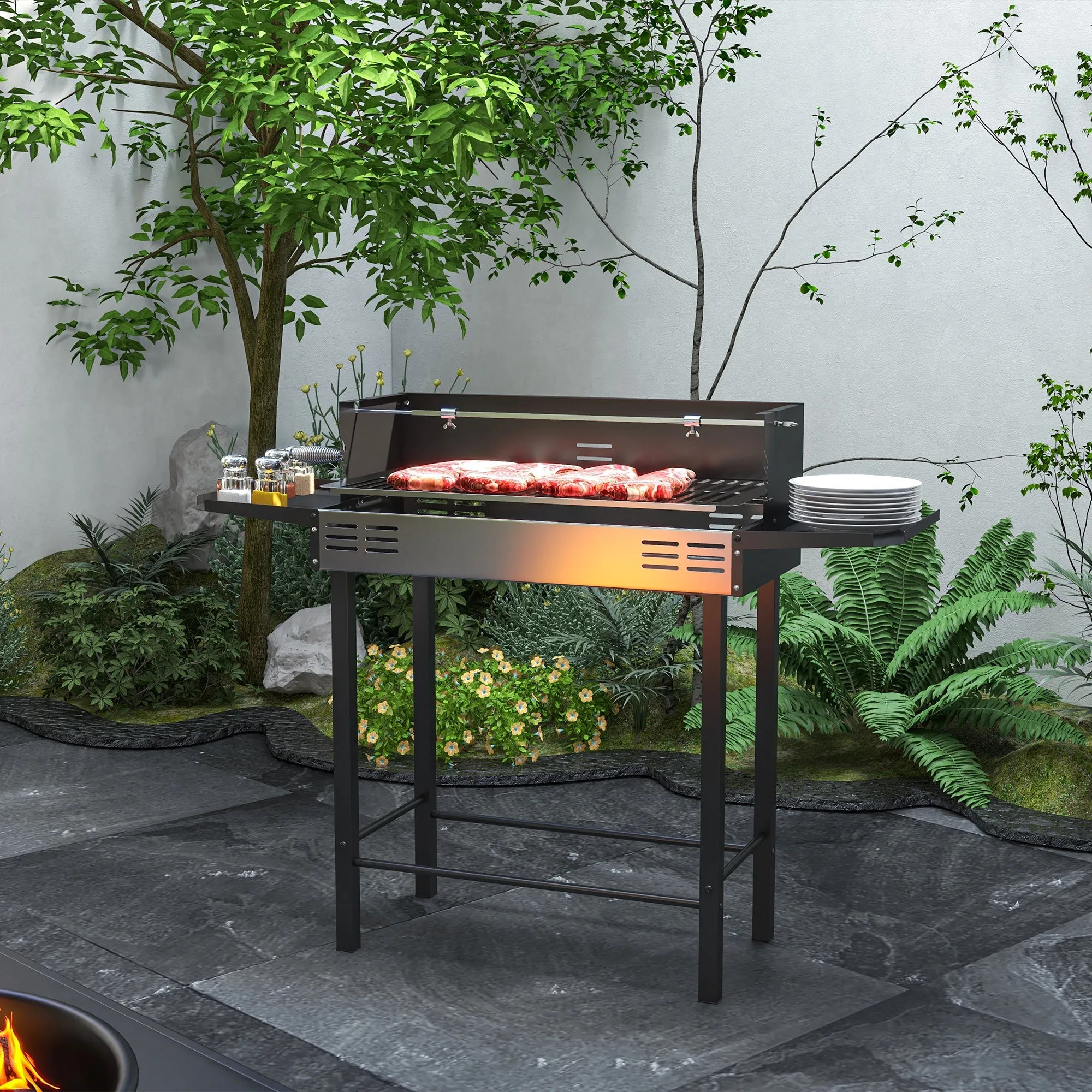 Rotisserie Grill Roaster, Charcoal BBQ Split Roaster for Chicken or Turkey with 3-Level Grill Grate, Foldable Storage Shelves, and Wind Deflector, Stainless Steel, Black