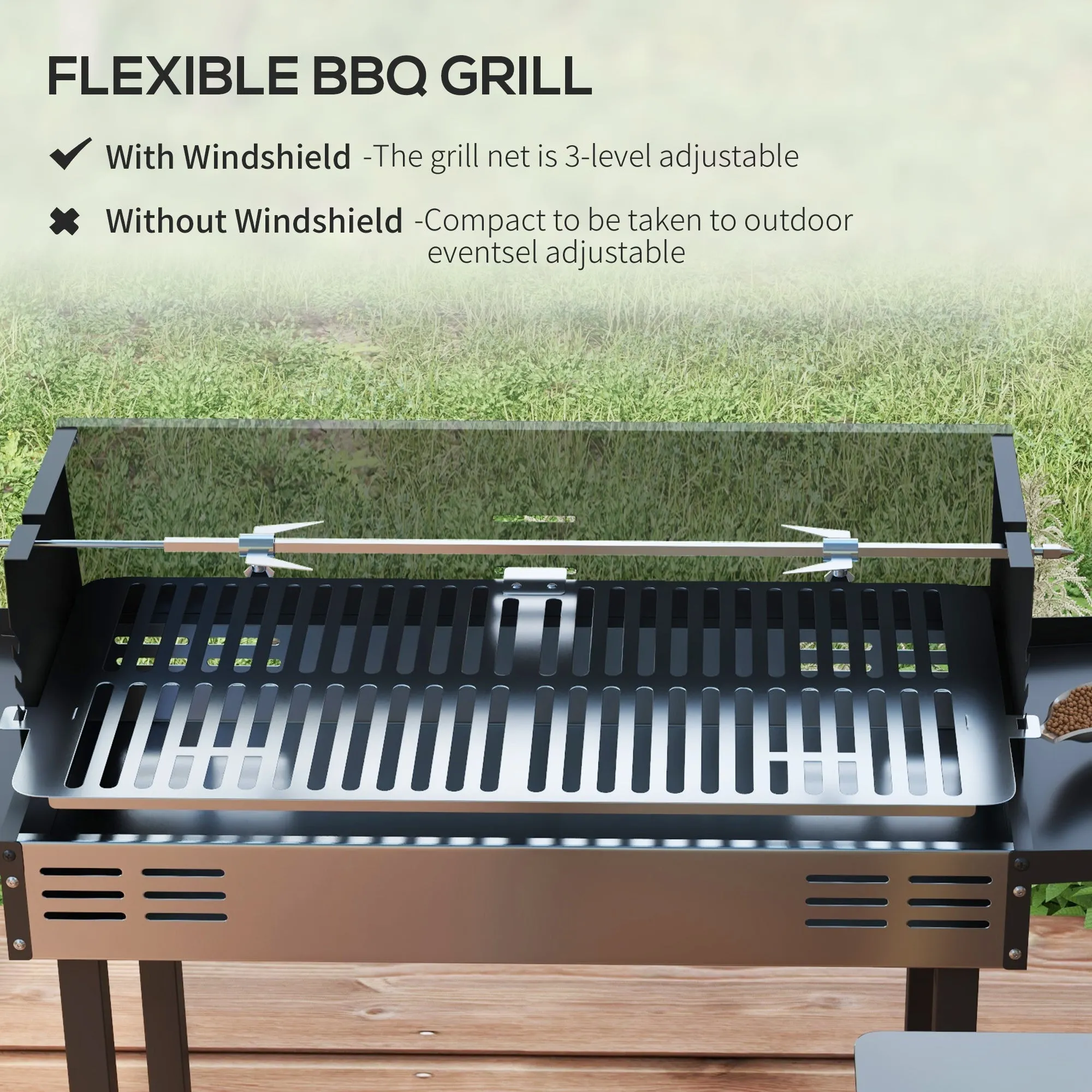 Rotisserie Grill Roaster, Charcoal BBQ Split Roaster for Chicken or Turkey with 3-Level Grill Grate, Foldable Storage Shelves, and Wind Deflector, Stainless Steel, Black