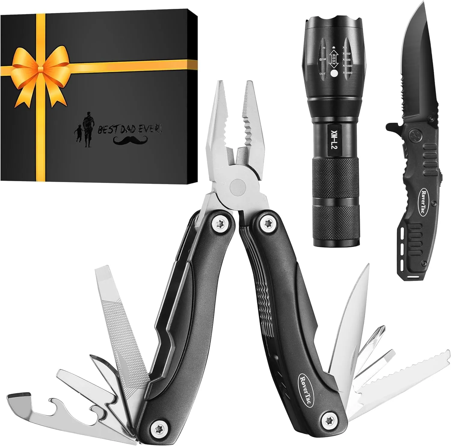 RoverTac Tools Set for Dad Gift - 12-in-1 Multitool Pliers, Tactical Knife & Flashlight in a Gift Box with "BEST DAD EVER" - Unique & Practical Gift for Father’s Day, Birthday, Christmas & Retirement