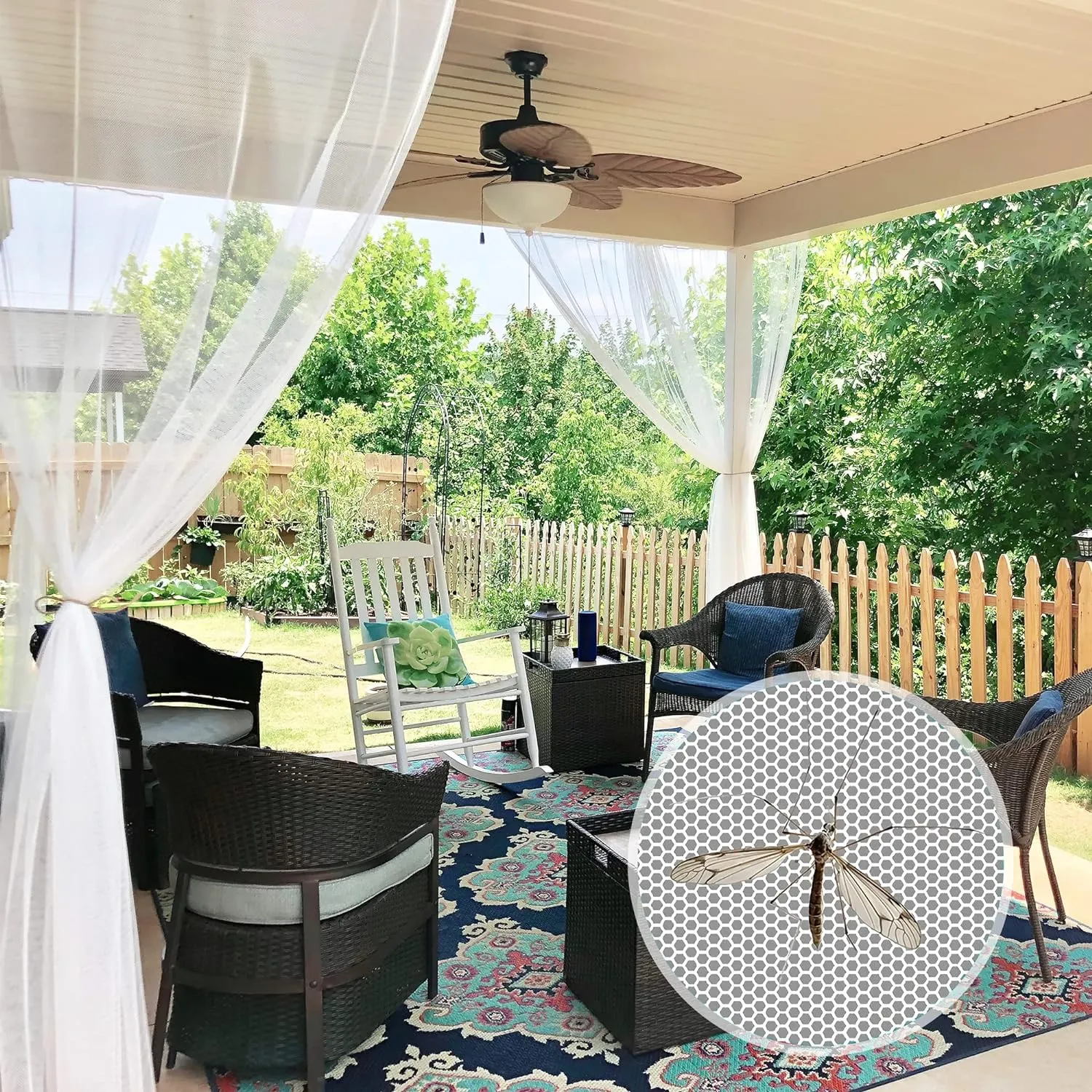RYB HOME Outdoor Mosquito Net for Porch/Patio/Canopy/Gazebo - 2 Panels Waterproof Outdoor Sheer Tulle Curtains Mesh Net Privacy Drapes with DIY Adjustable Length, White, W118 x L98 inches