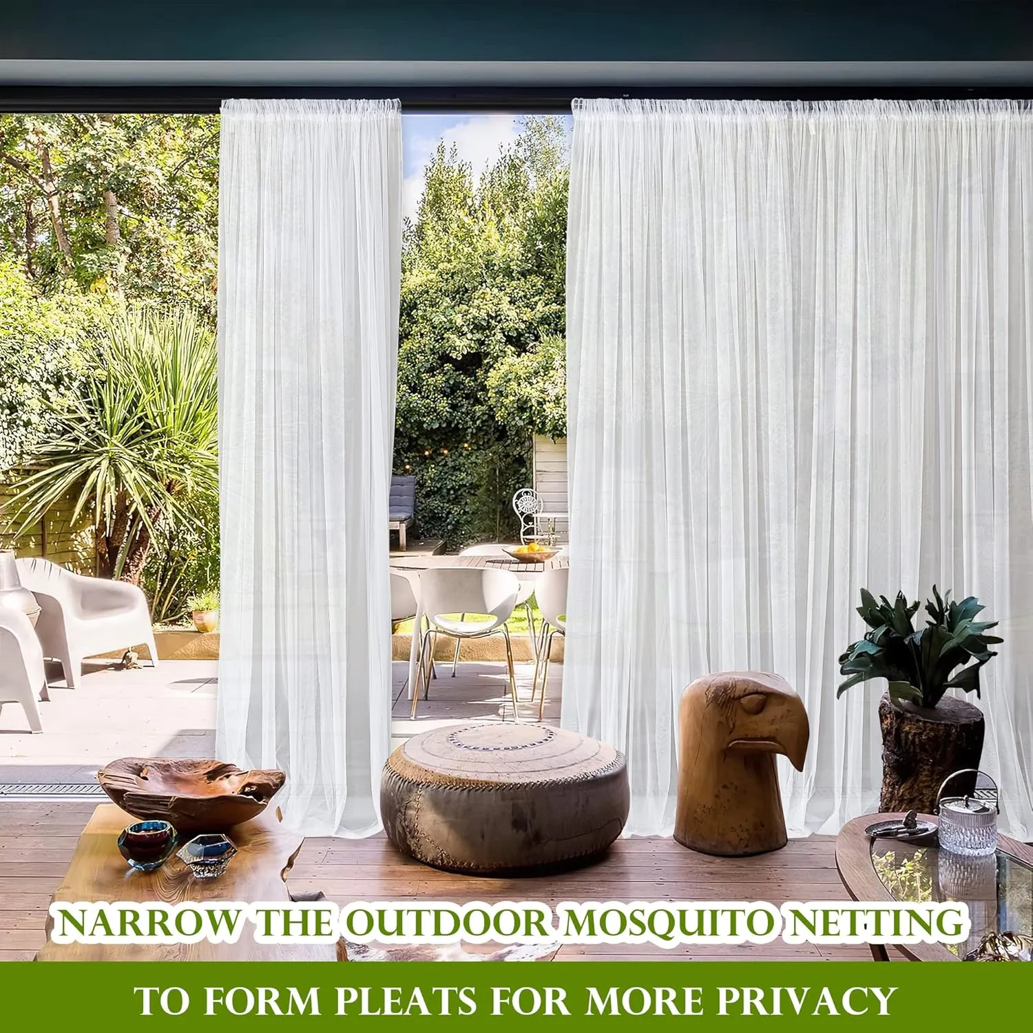RYB HOME Outdoor Mosquito Net for Porch/Patio/Canopy/Gazebo - 2 Panels Waterproof Outdoor Sheer Tulle Curtains Mesh Net Privacy Drapes with DIY Adjustable Length, White, W118 x L98 inches