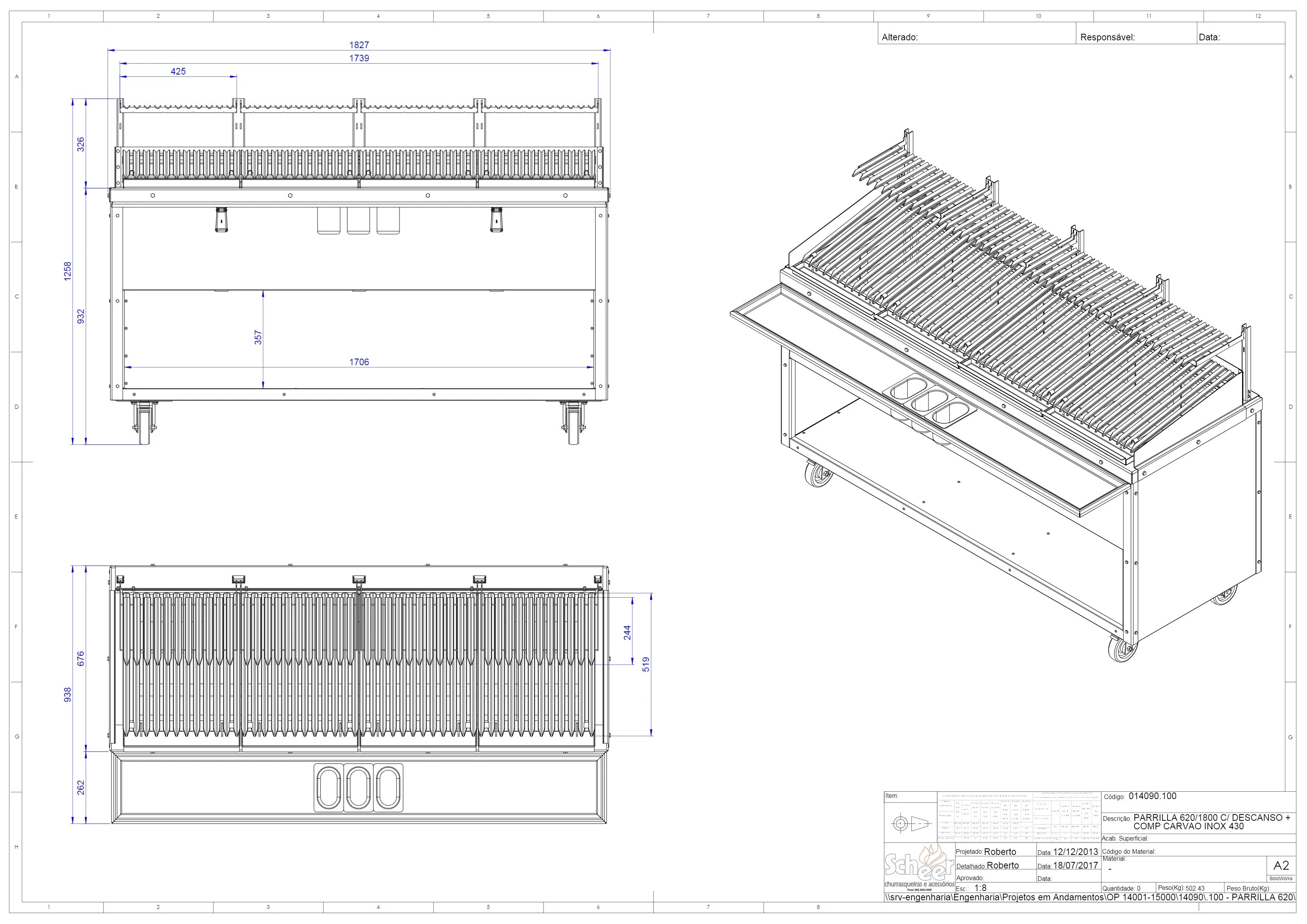 Scheer Proline Parrilla 620 - 1800mm 4 Section Charcoal/Wood Grill
