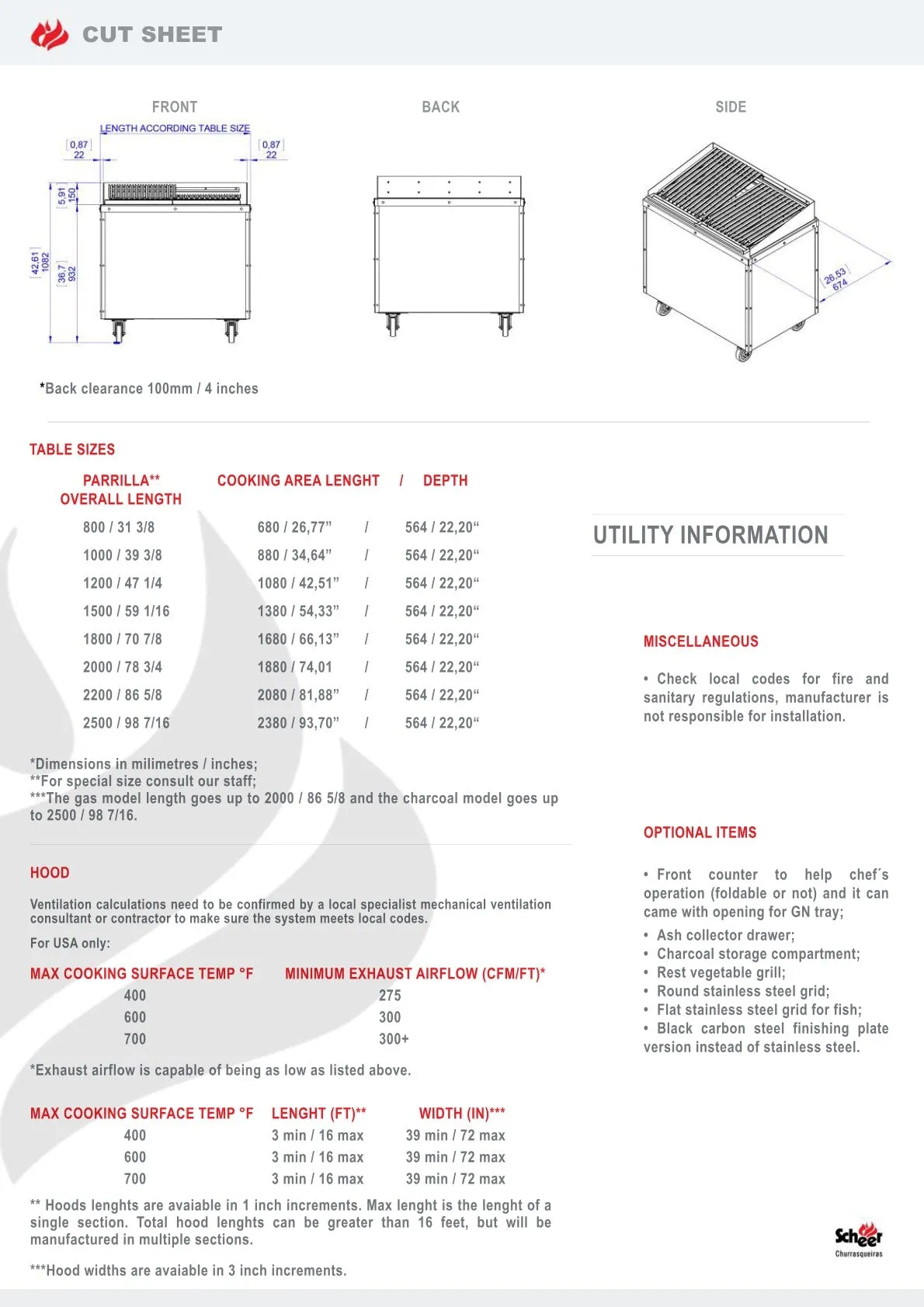 Scheer Proline Parrilla 620 - 1800mm 4 Section Charcoal/Wood Grill