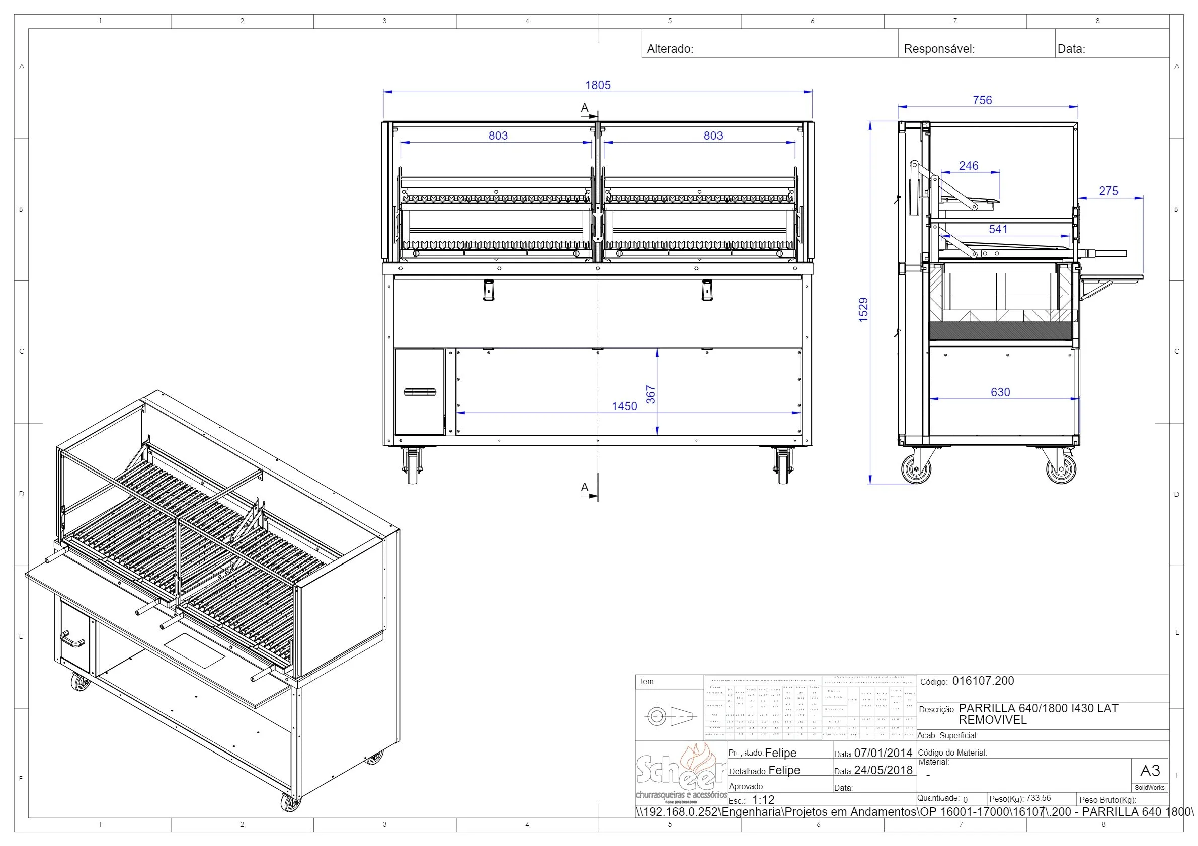Scheer Proline Parrilla 640 - 1800mm Charcoal/Wood Double Lifter Grill