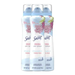 Secret Dry Spray Antiperspirant Deodorant for Women, 48hr Weightless Sweat & Odor Protection, Gentle on Skin, Powder Fresh Scent, 4.1 oz (Pack of 3)