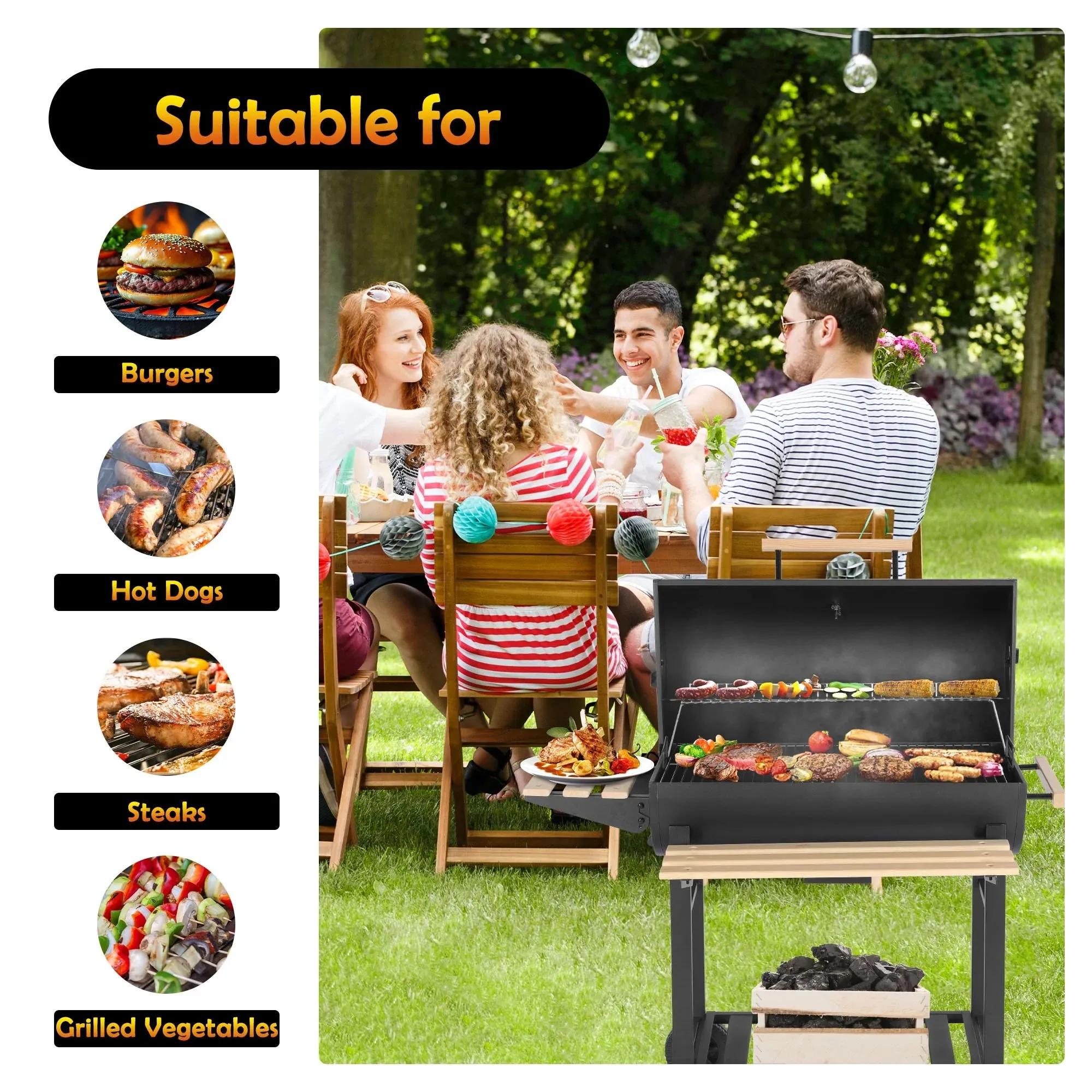 Segmart 30-Inch Barrel Charcoal Grill with Warming Rack & Front Storage Basket, Outdoor BBQ Grill with 956 sq. in. Grilling Area for Backyard Barbecue Cooking Party, Black