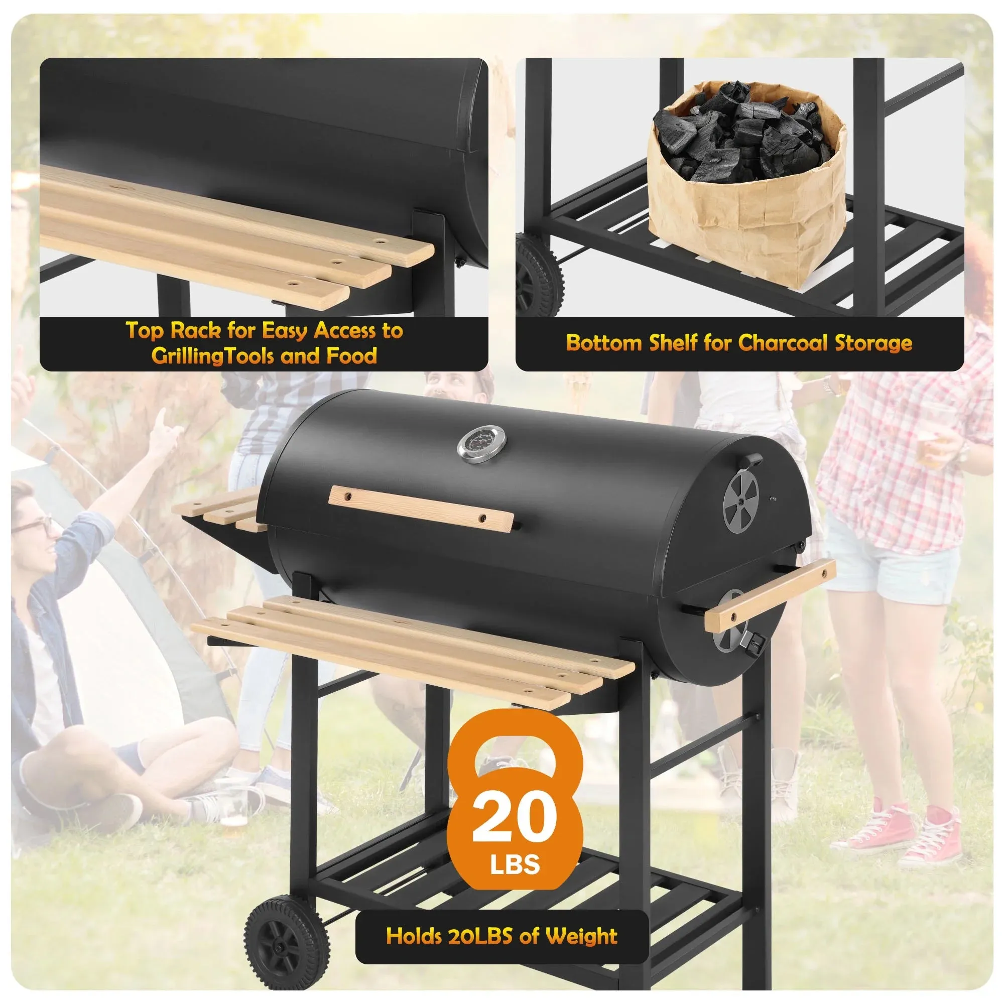 Segmart 30-Inch Barrel Charcoal Grill with Warming Rack & Front Storage Basket, Outdoor BBQ Grill with 956 sq. in. Grilling Area for Backyard Barbecue Cooking Party, Black