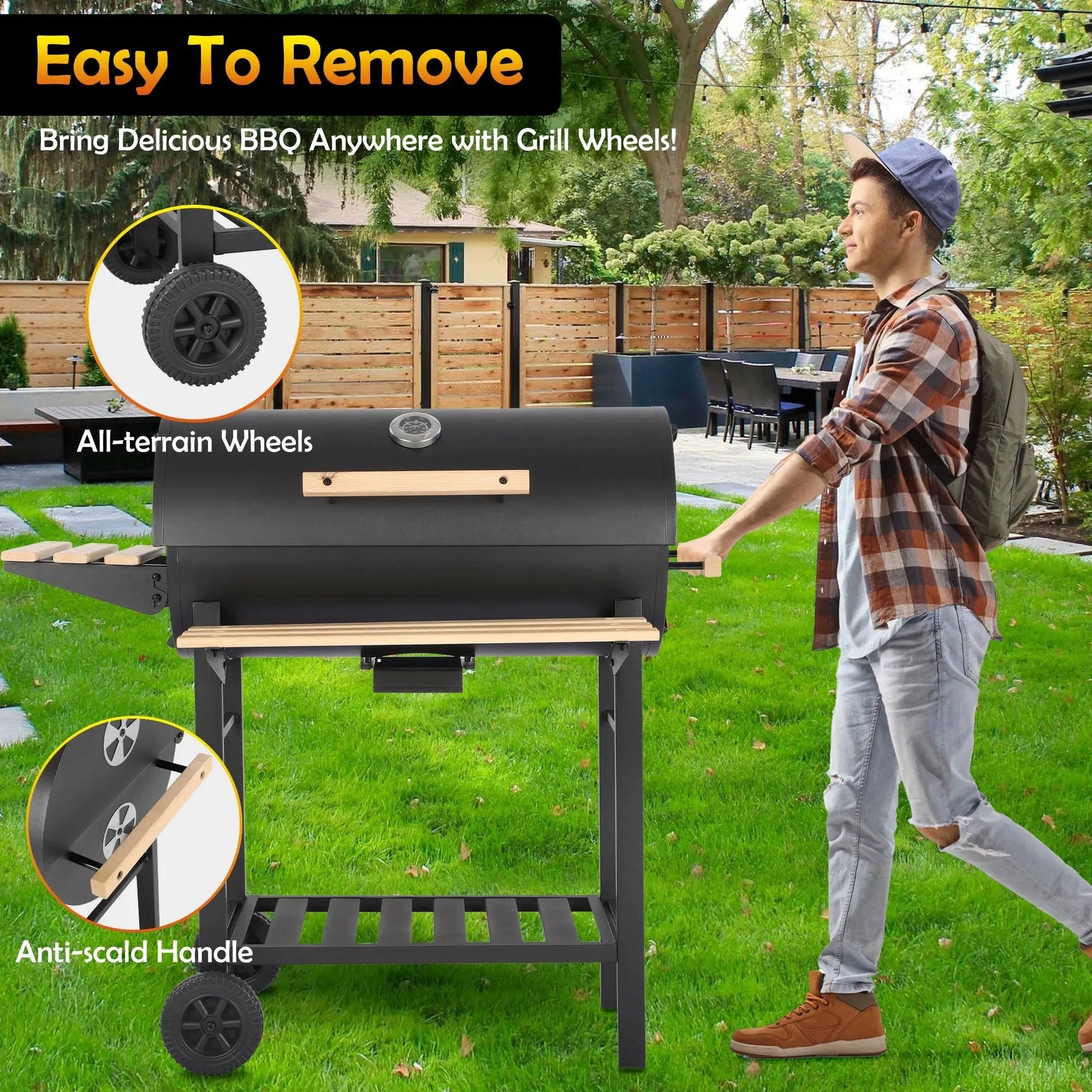 Segmart 30-Inch Barrel Charcoal Grill with Warming Rack & Front Storage Basket, Outdoor BBQ Grill with 956 sq. in. Grilling Area for Backyard Barbecue Cooking Party, Black