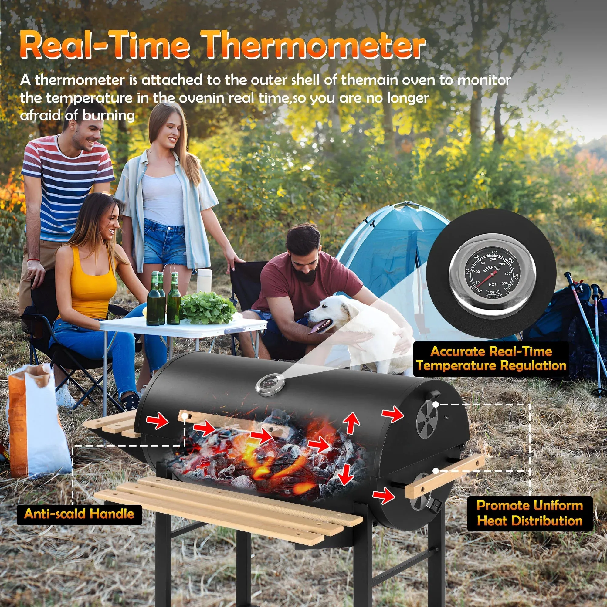 Segmart 30-Inch Barrel Charcoal Grill with Warming Rack & Front Storage Basket, Outdoor BBQ Grill with 956 sq. in. Grilling Area for Backyard Barbecue Cooking Party, Black